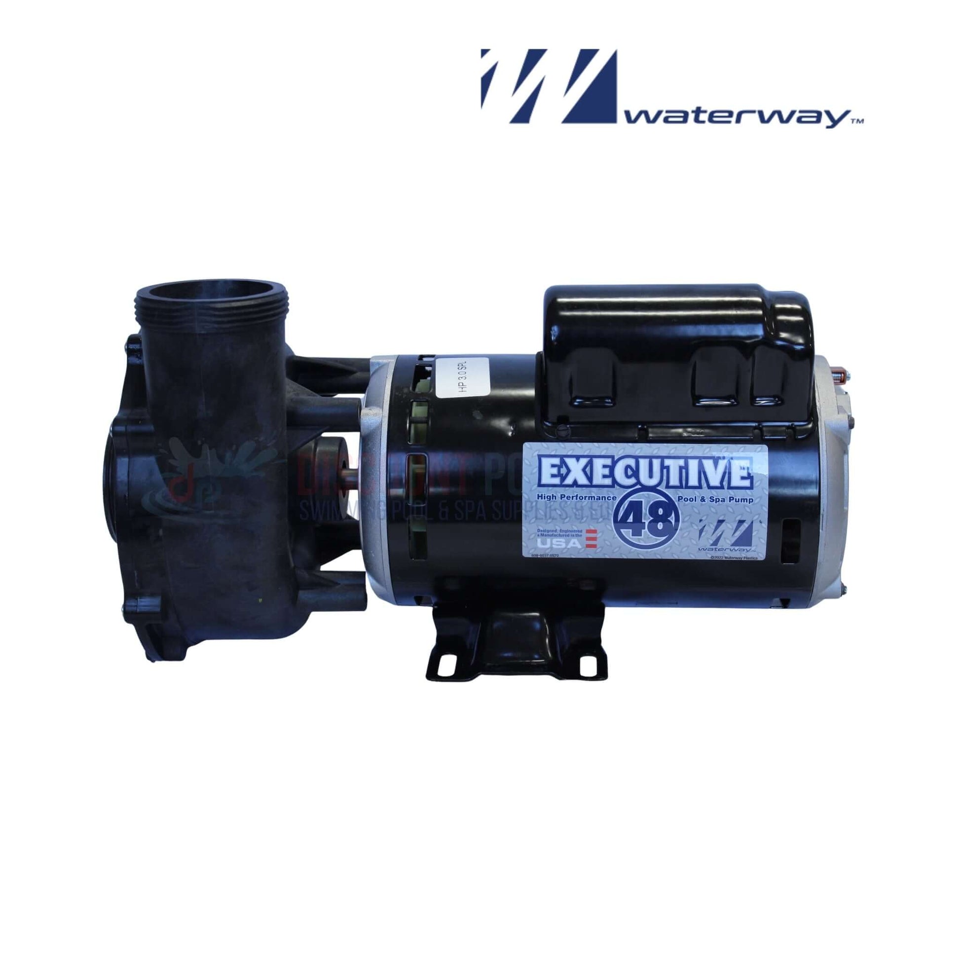 3421221-1A | Waterway 3HP Executive Pump 2 Speed side view, black casing, 2" ports, ideal for spa systems, from Discount Pool Mart.