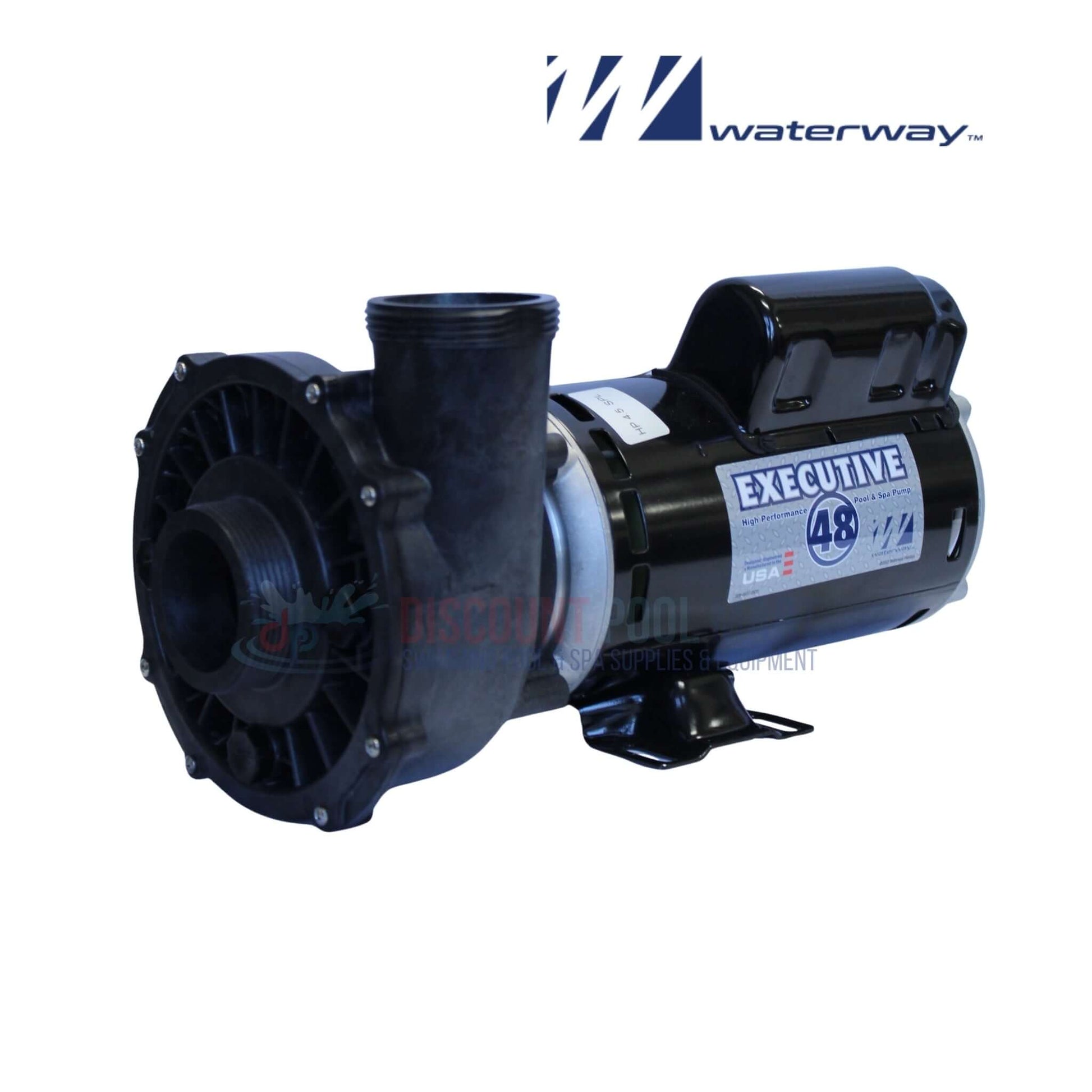 Waterway 3421821-1A | Waterway 4.5HP Executive Pump 2 Speed in black, showcasing its intake, ideal for spa systems. Discount Pool Mart.