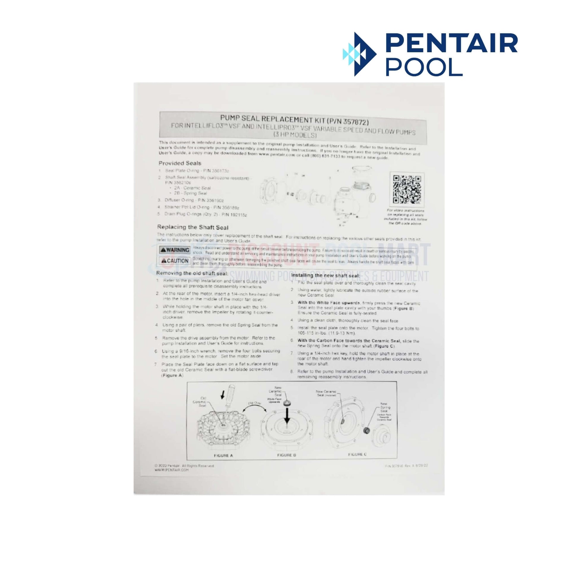 Instruction manual for 357872 | Pentair IntelliFlo3 Pump Seal Kit showing replacement steps for pool pump seal by Discount Pool Mart.