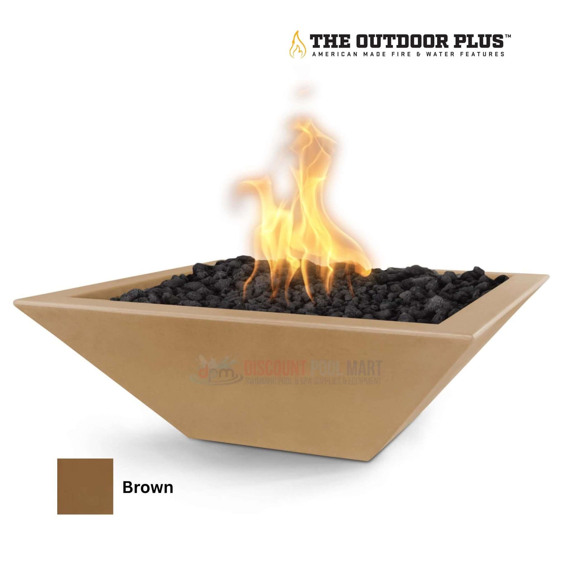 The Outdoor Plus Maya Fire Bowl in brown color, handcrafted GFRC concrete. SKU: DPM-12345. Ideal for outdoor decor.