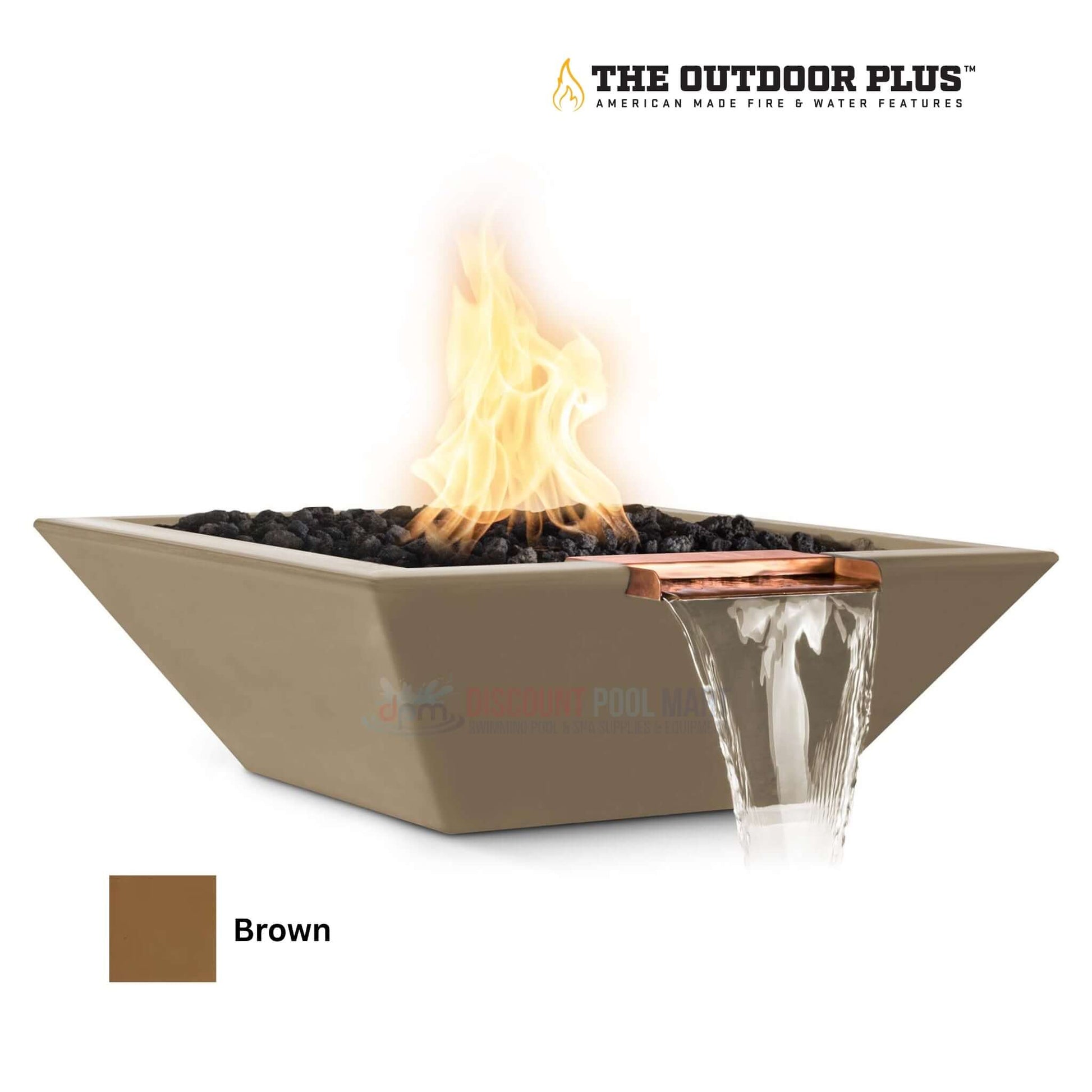 The Outdoor Plus Maya Fire & Water Bowl in Brown, GFRC Concrete, SKU DPM for Discount Pool Mart, contemporary fire feature.