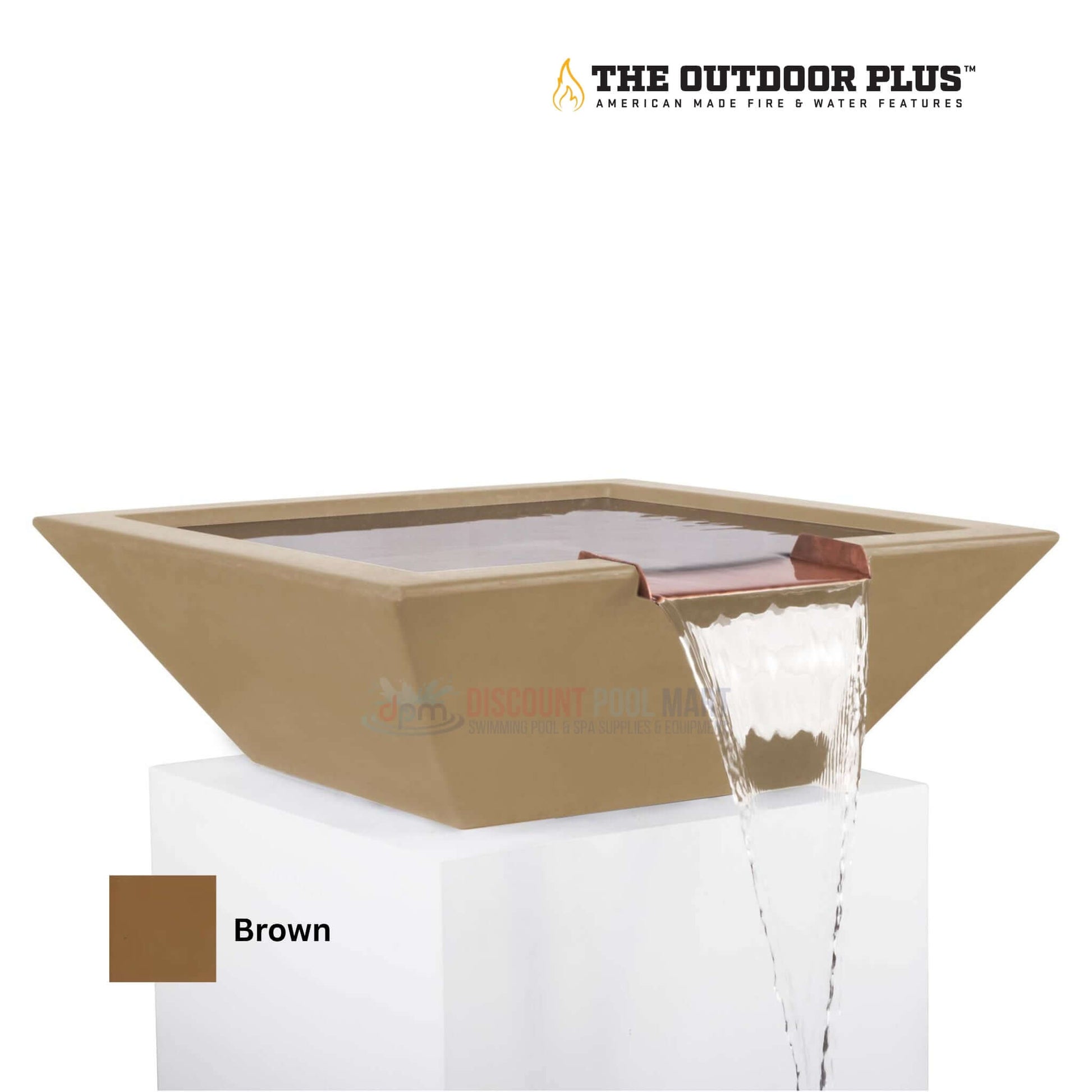 The Outdoor Plus Maya Water Bowl in Brown, GFRC Concrete, SKU: DPM, perfect for elegant outdoor spaces.