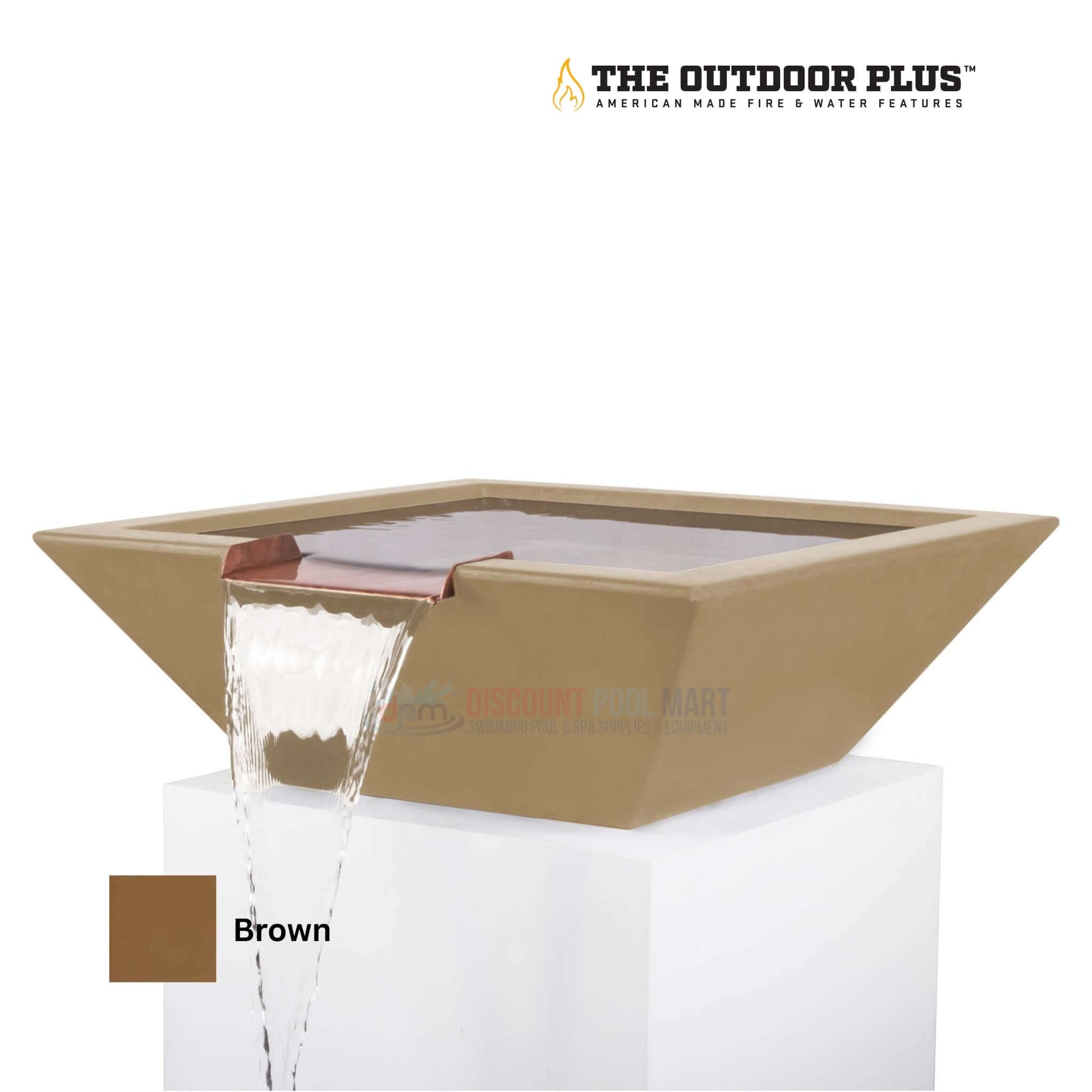 The Outdoor Plus Maya Water Bowl in brown, GFRC concrete, from Discount Pool Mart DPM, elegant outdoor water feature.