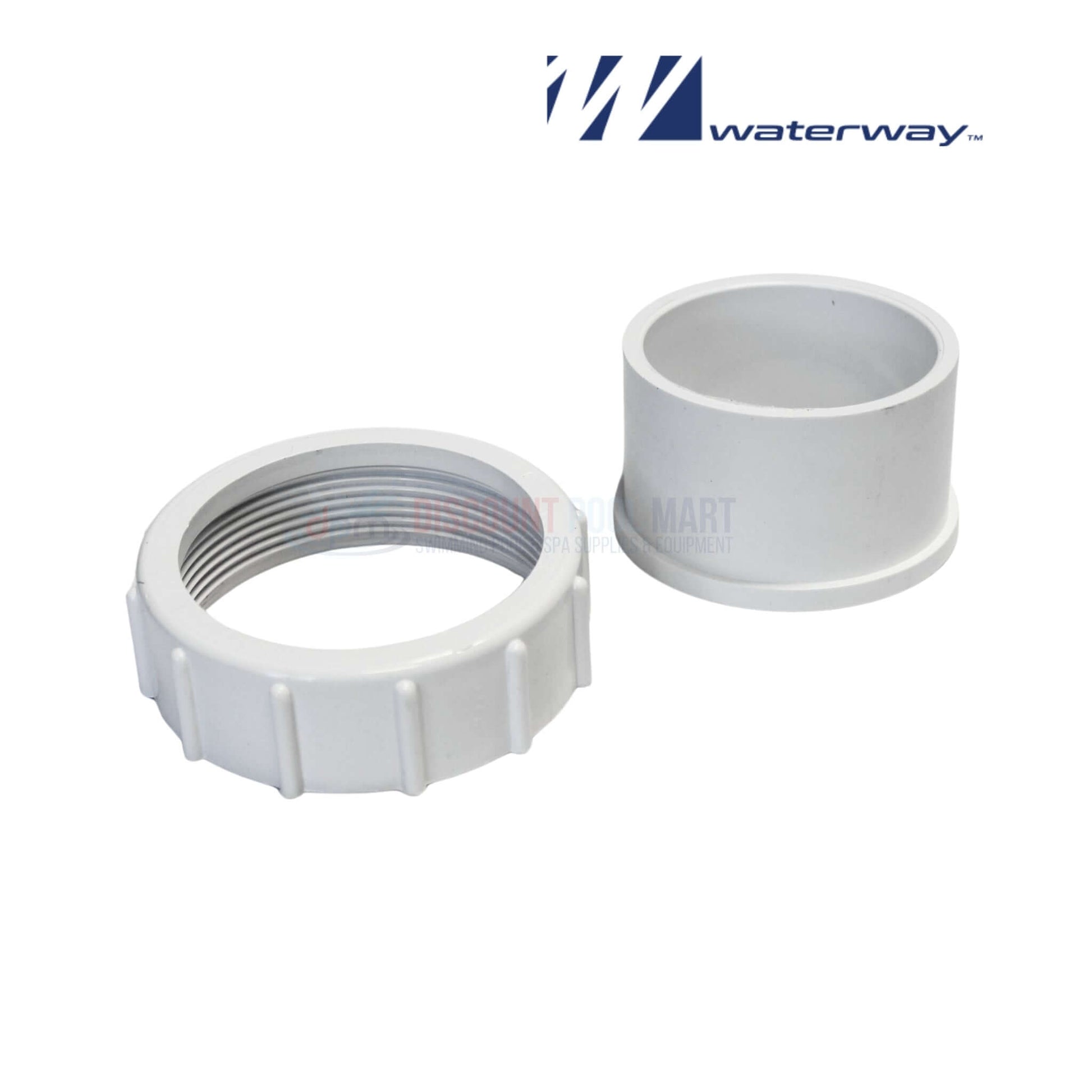 400-6010 | Waterway 2.5" x 2.5" Pump Union shown in white, featuring slip and nut connection for pool supplies by Discount Pool Mart.