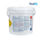 42116 | Poolife 3" Pool Cleaning Chlorine Tablets 25 lbs bucket showing safety instructions and branding, ideal for pool maintenance.