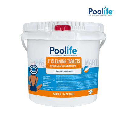 42116 | Poolife 3" Pool Cleaning Chlorine Tablets 25 lbs in a white bucket, labeled for sanitizing pool water, from Discount Pool Mart.