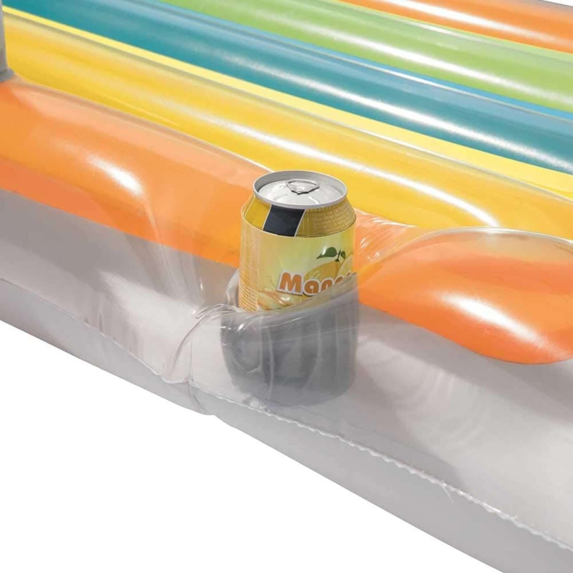 Close-up of H2O GO! Designer Fashion Lounge cup holder with beverage on inflatable float, SKU 43028E. Discount Pool Mart DPM.