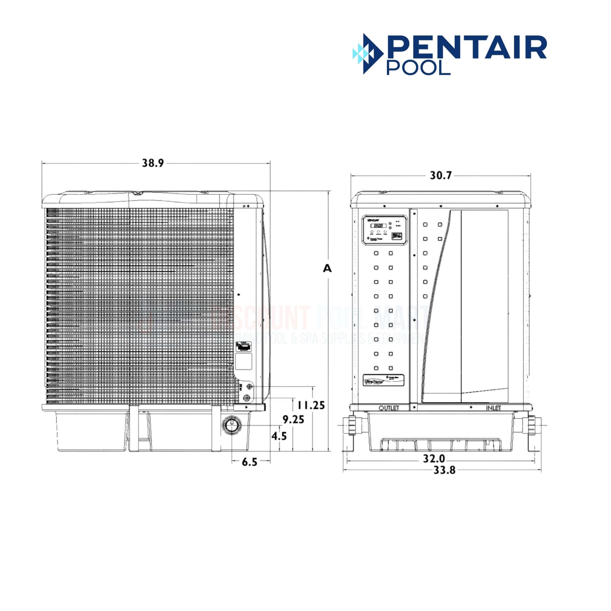 Pentair UltraTemp 140K BTU Heat Pump 460934 dimensions diagram, showcasing design details, side view, and utility for pool heating. Discount Pool Mart.