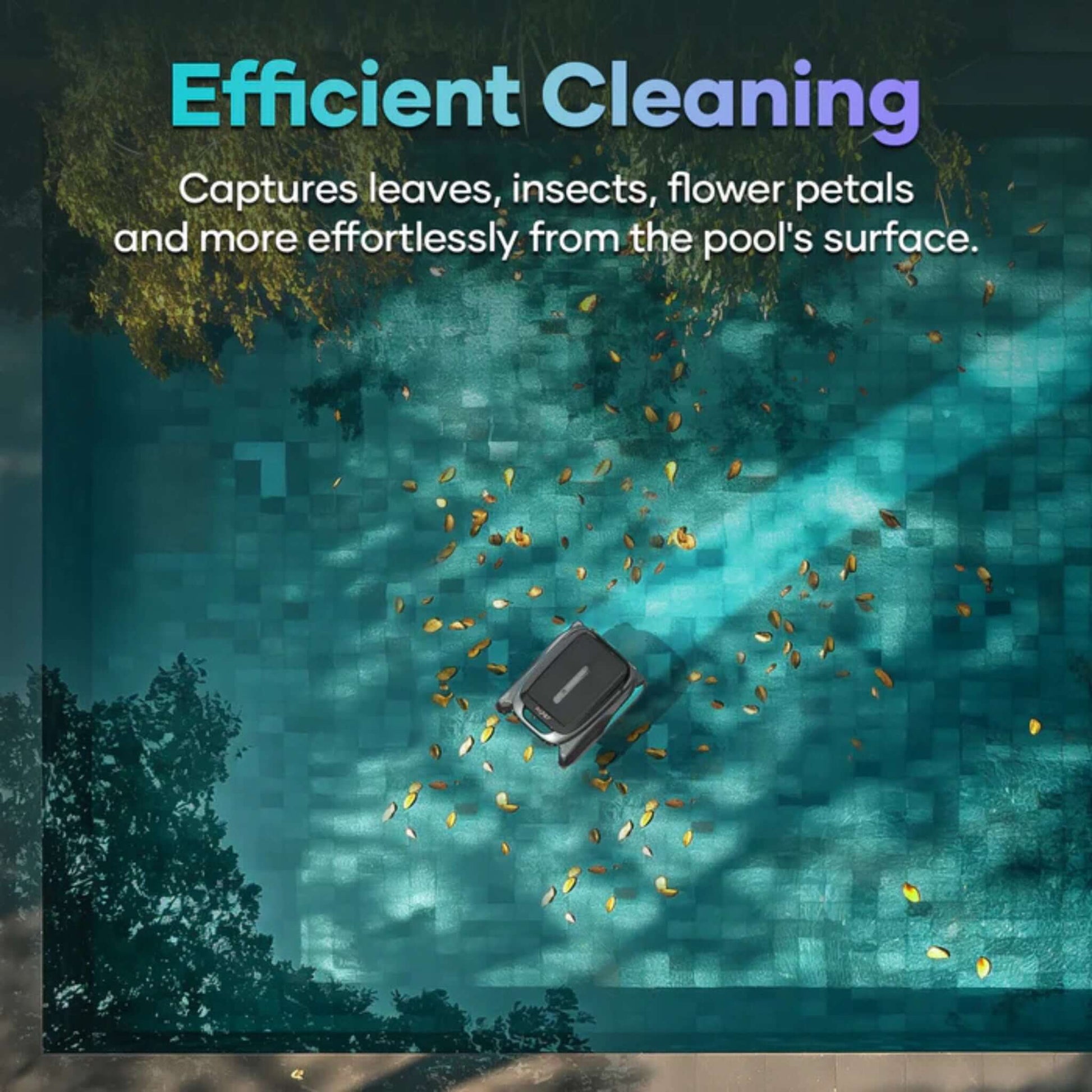 Aiper Cordless Robotic Pool Skimmer Surfer S1 efficiently cleaning leaves and debris from the pool's surface - DPM SKU