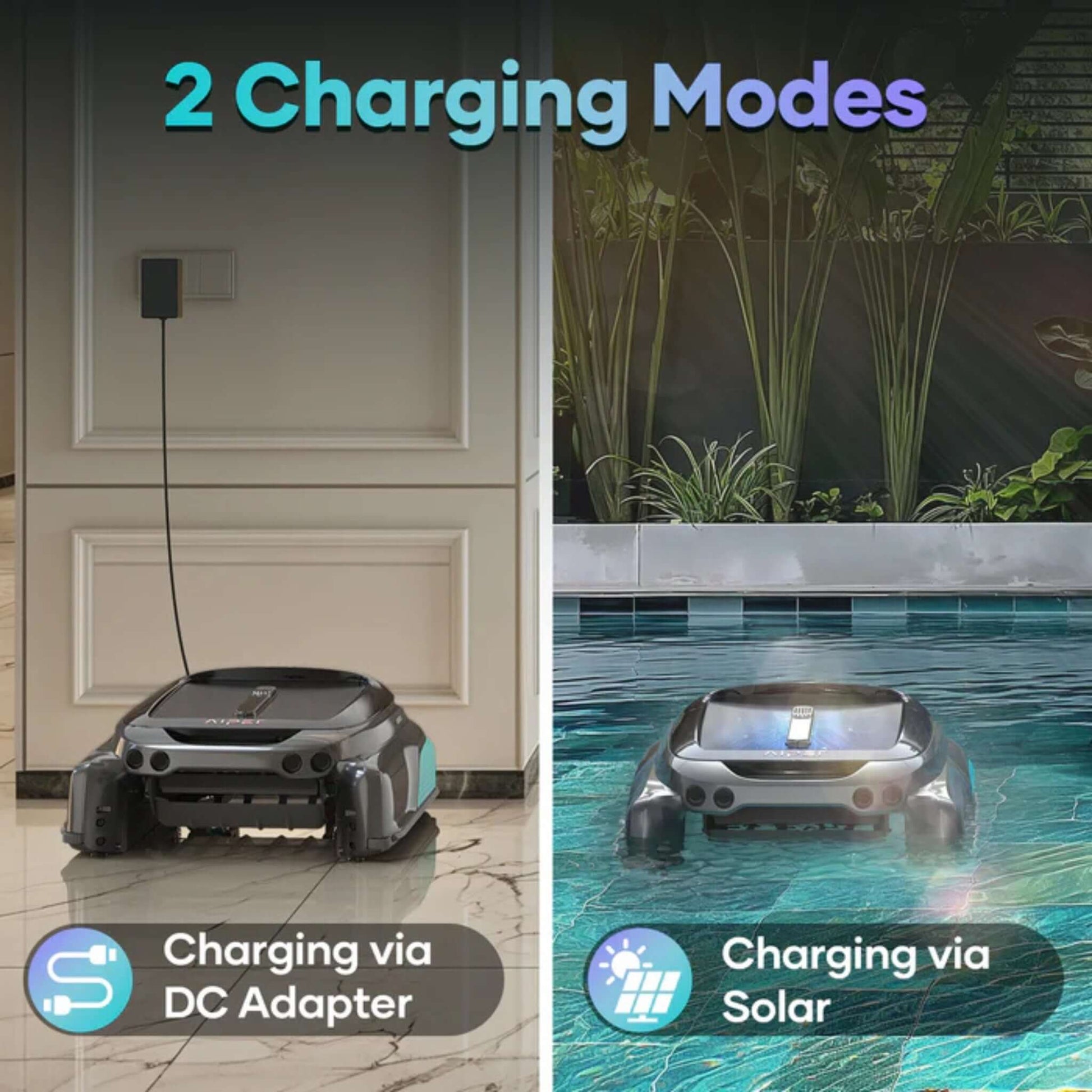 Aiper Cordless Robotic Pool Skimmer Surfer S1 showcasing 2 charging modes: DC Adapter and Solar. SKU: DPM