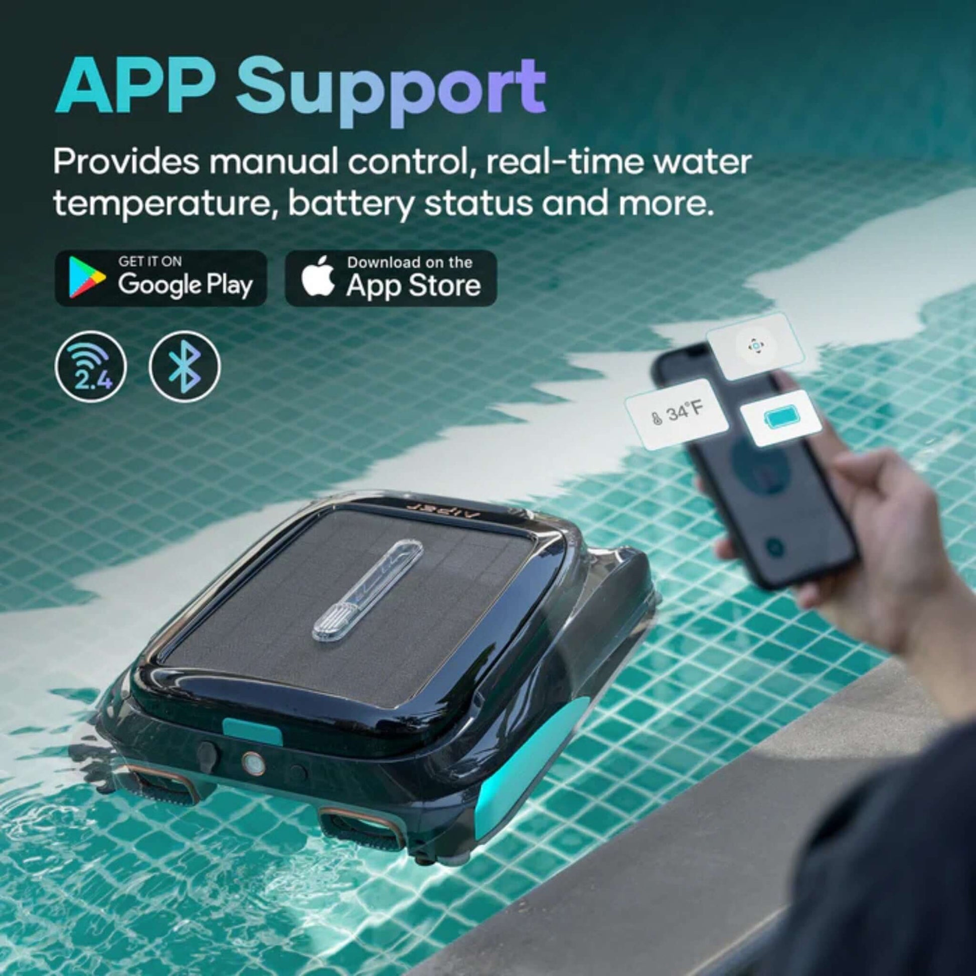 Aiper Surfer S1 cordless robotic pool skimmer featuring app support for real-time control and monitoring. SKU: DPM