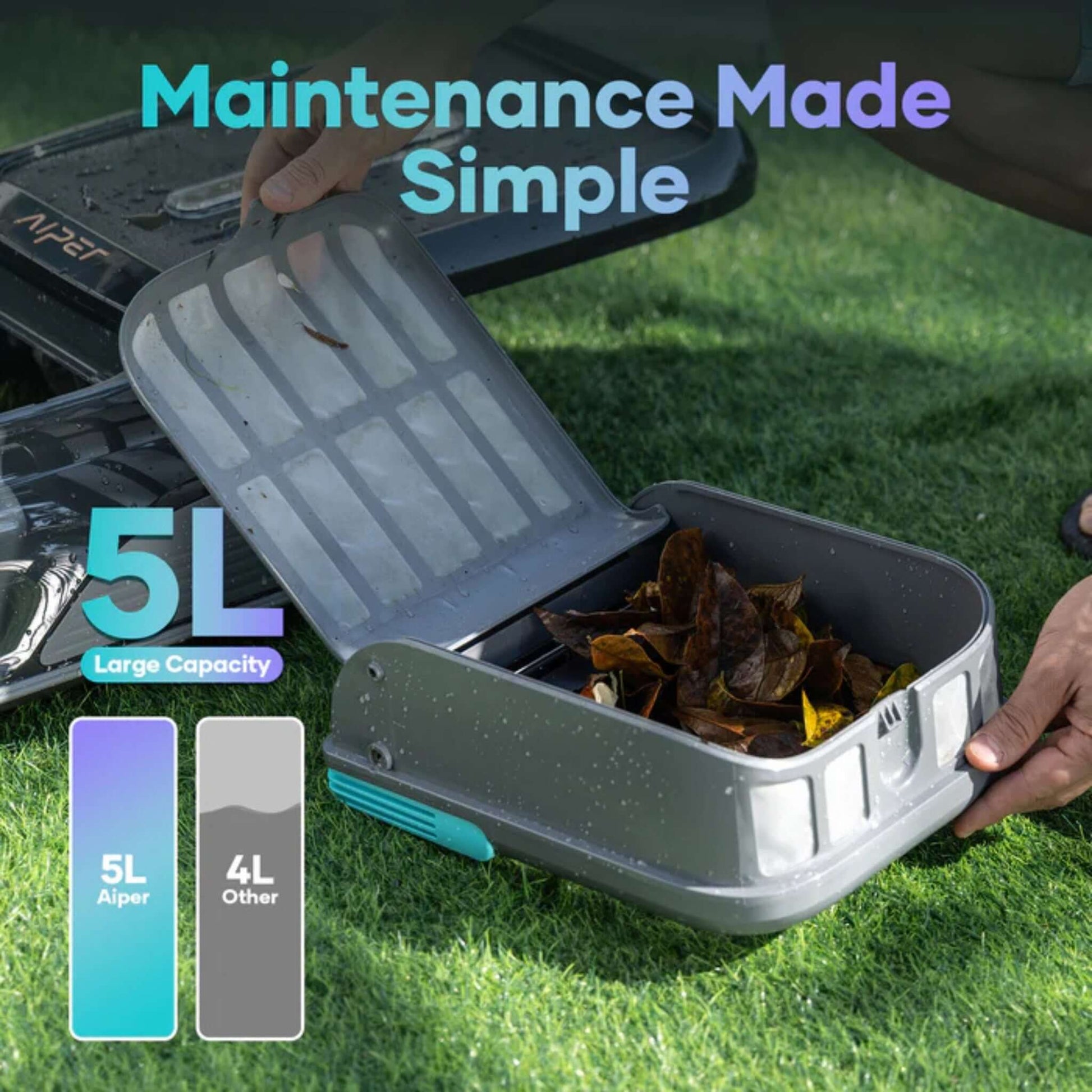 Aiper Surfer S1 Cordless Robotic Pool Skimmer 5L Large Capacity bin with leaves, featured at Discount Pool Mart DPM.