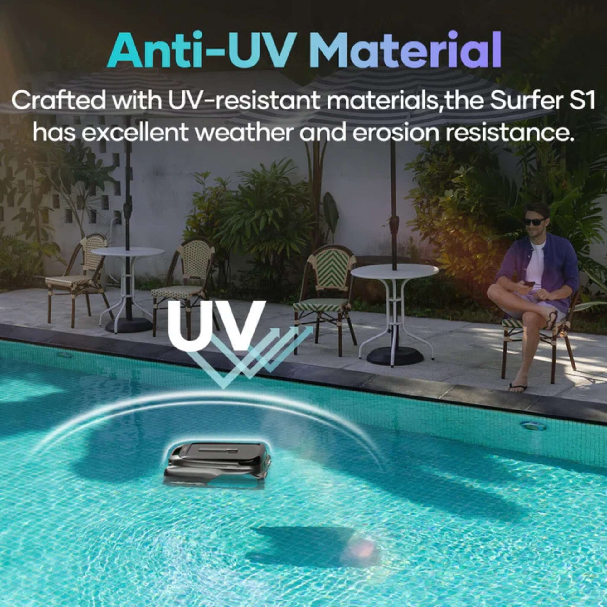 Anti-UV material for the Aiper Surfer S1 cordless robotic pool skimmer, ensuring durability and resistance. SKU: DPM-S1.
