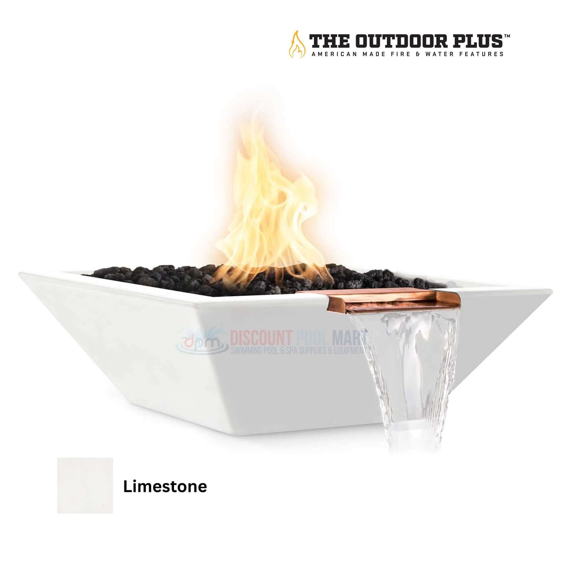 The Outdoor Plus Maya Fire & Water Bowl in Limestone, GFRC Concrete, from Discount Pool Mart DPM. SKU: [Product SKU]