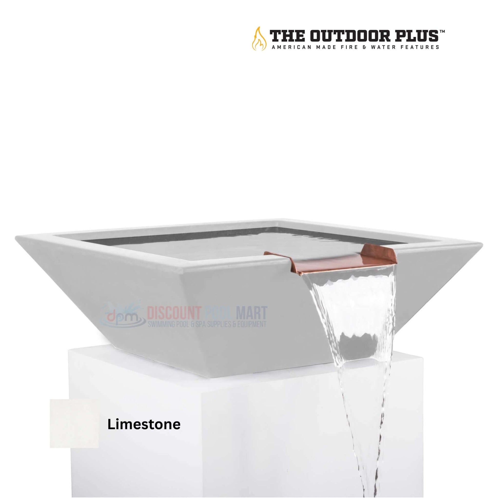 The Outdoor Plus Maya Water Bowl in Limestone by Discount Pool Mart DPM, GFRC Concrete water feature with modern design.