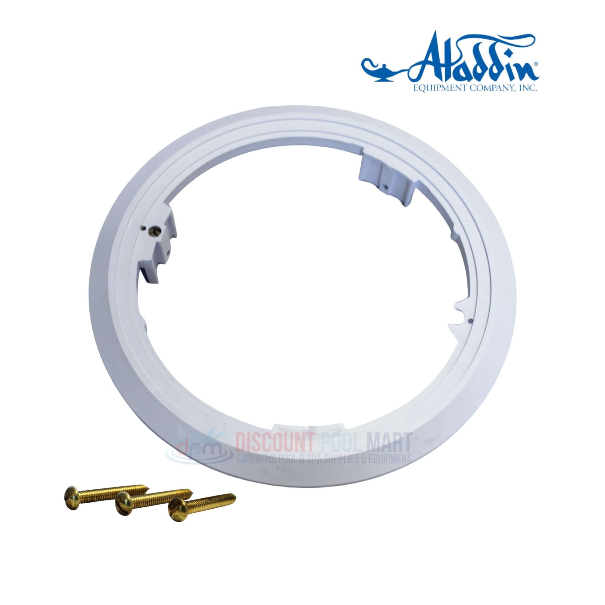 500P | Aladdin Universal Plastic Light Ring Adapter, white ring with grounding strap, includes screws, from Discount Pool Mart.