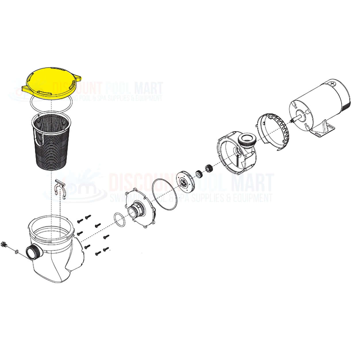Exploded view of Waterway Trap Lid 511-1310, showing components for SVL56 pump; includes strainer basket and motor. Discount Pool Mart.