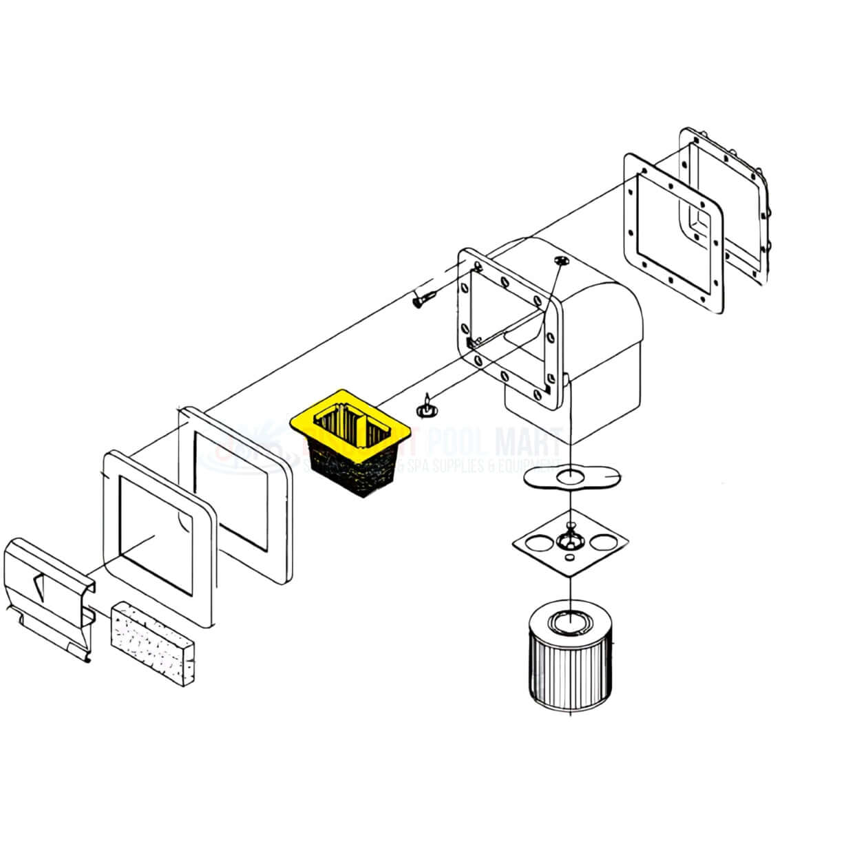 Diagram of Waterway Skim Filter Basket 519-4030 from Discount Pool Mart (DPM) showing parts and assembly.