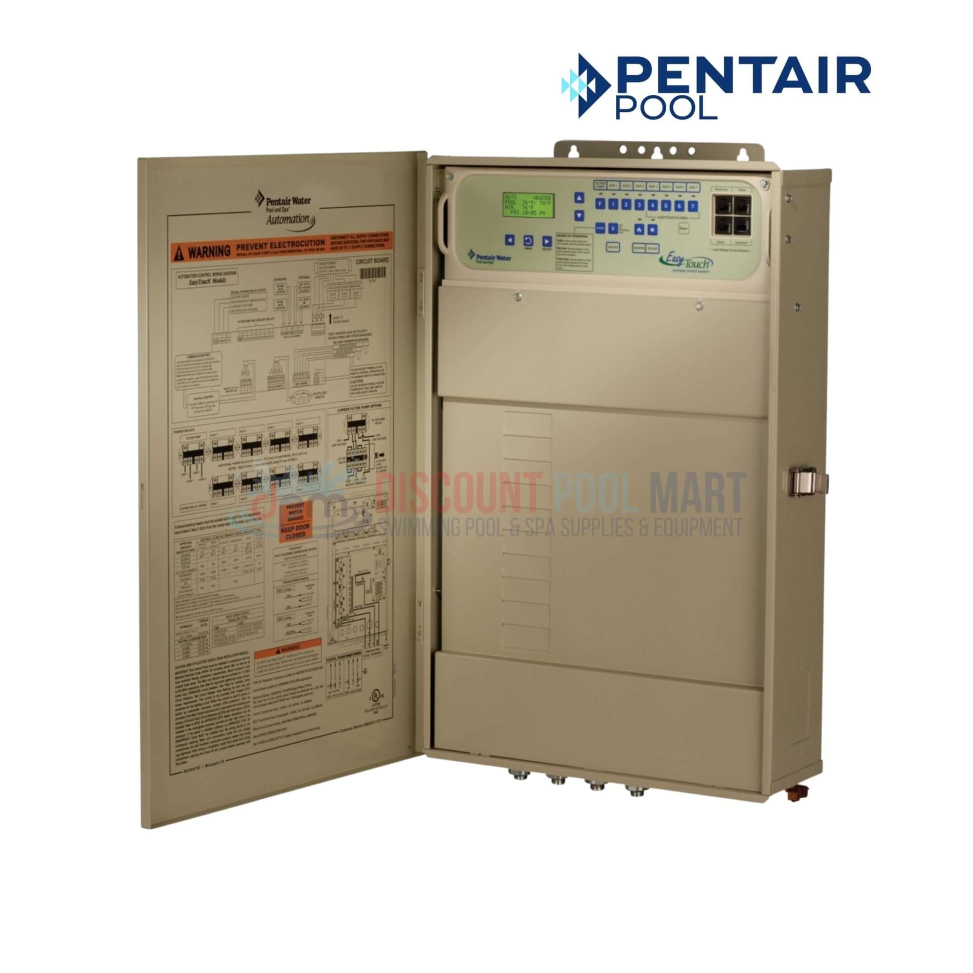 520591 | Pentair EasyTouch 4P Pool & Spa Control System, open panel, showing control features and interface, from Discount Pool Mart.