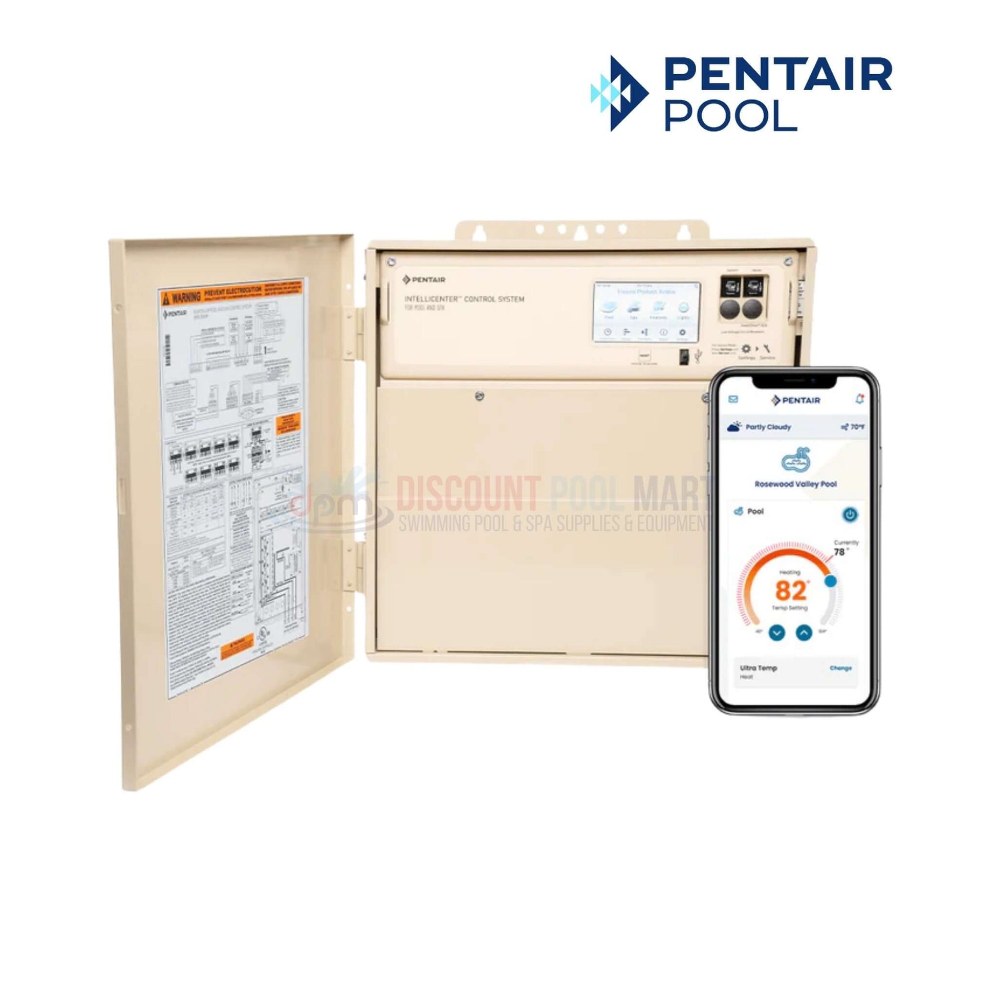 Pentair 523910 | IntelliCenter Lite With i5PS control system shown with mobile app on phone, available at Discount Pool Mart.