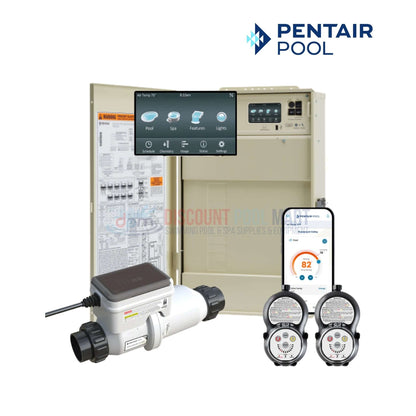 523961 | Pentair IntelliCenter i8PS Control System With ICL Plus40 showing control panel, salt-chlorine generator, mobile app interface, Discount Pool Mart.