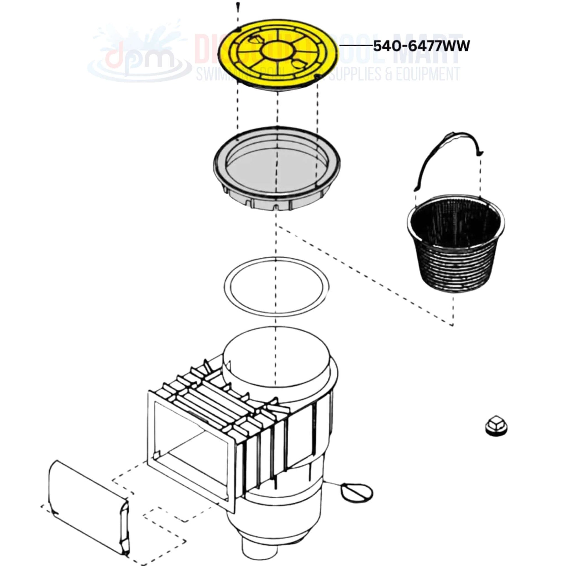 540-6477WW | Waterway Lid For Renegade Skimmers | Gray, exploded view with parts including round skimmer lid and basket, from Discount Pool Mart.