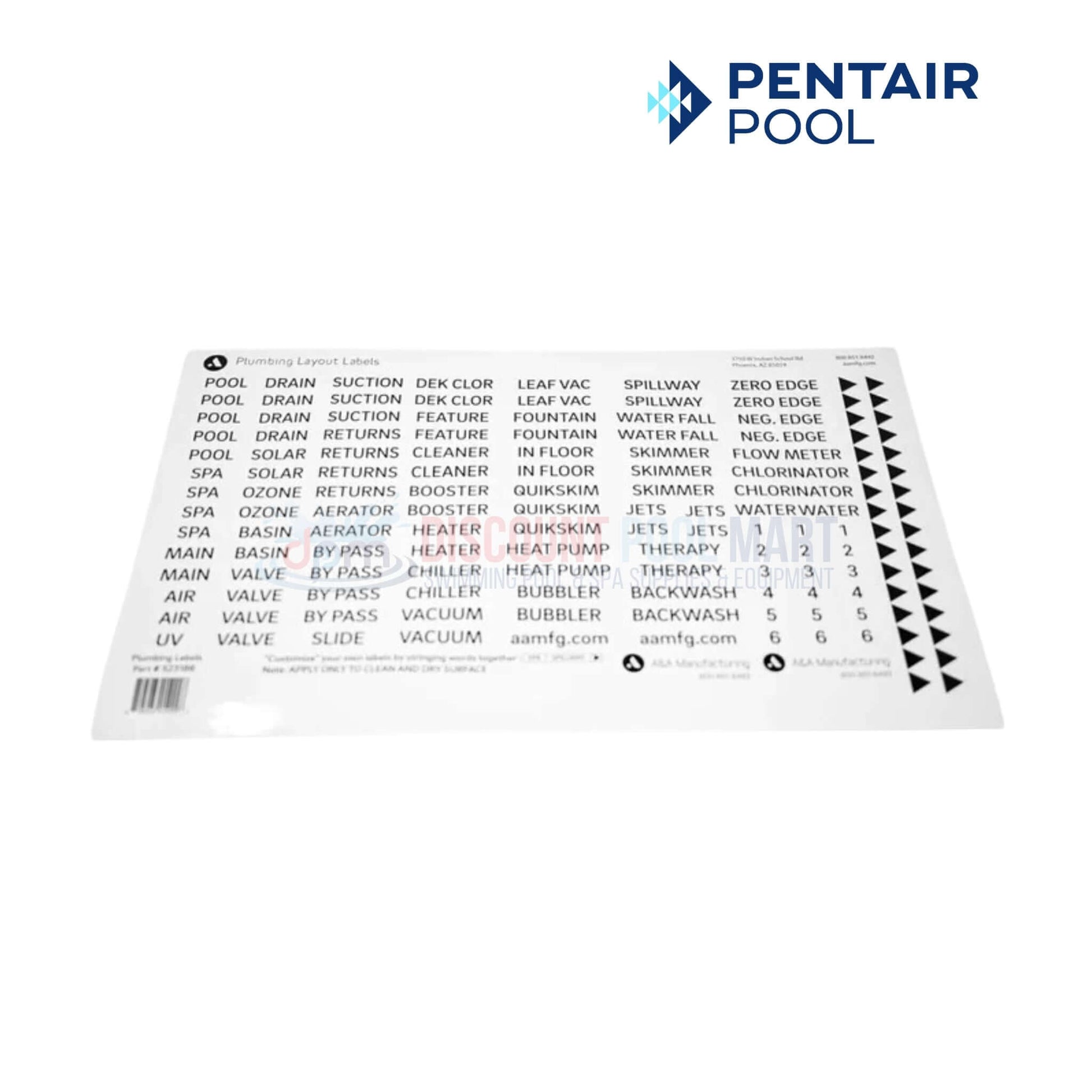 542583 | 523186 | Pentair A&A In-Floor Plumbing Labels showing labels for pool systems on a white background, from Discount Pool Mart.