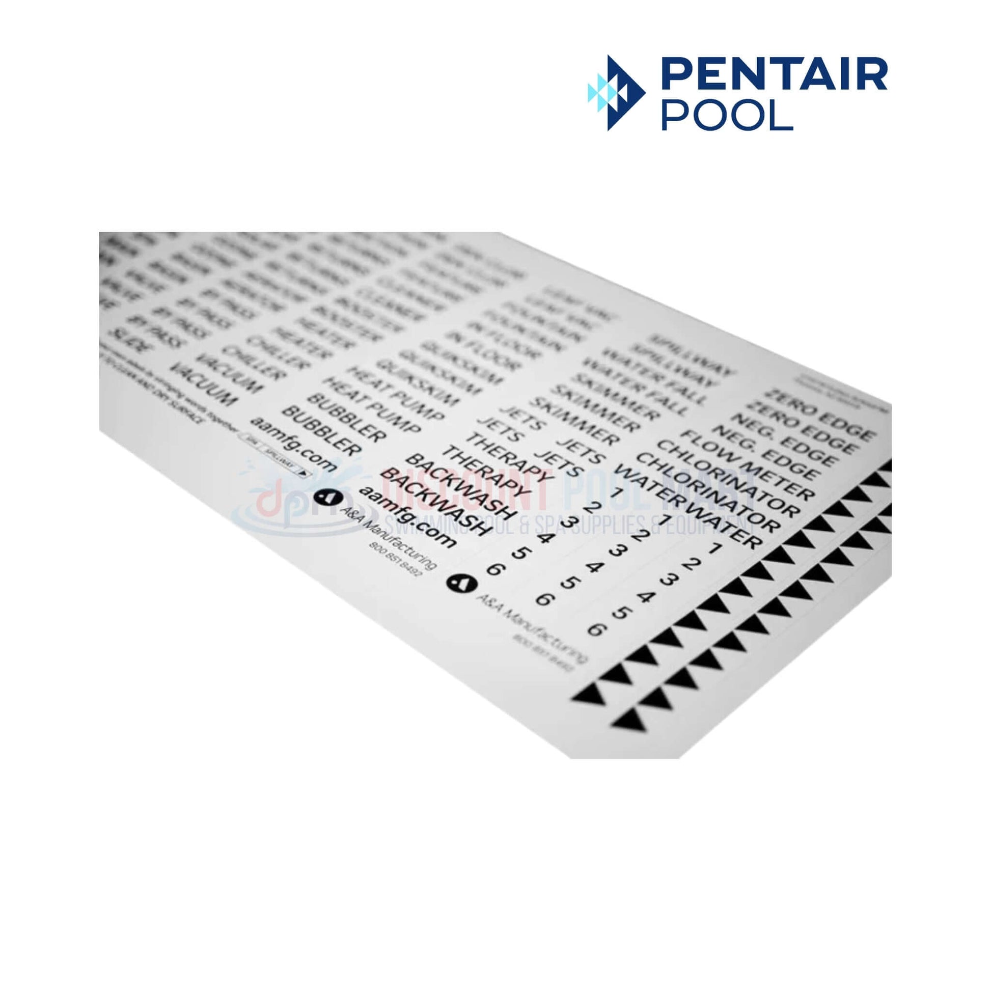Pentair A&A In-Floor Plumbing Labels 542583 | 523186 on a clean surface, showing weather-resistant text for pool supplies by Discount Pool Mart.