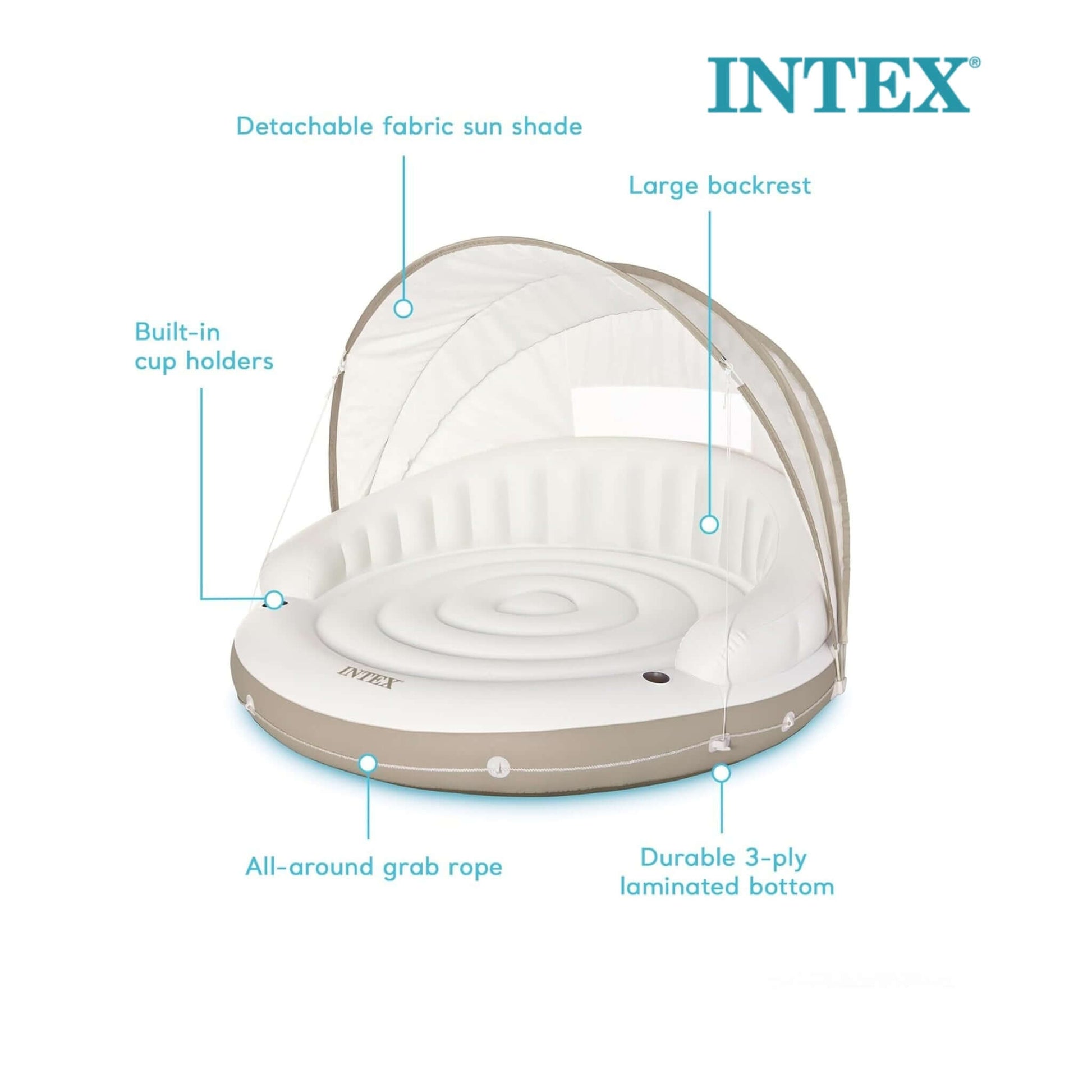 INTEX Canopy Island Inflatable Pool Float features detachable sunshade, large backrest, cup holders, SKU 58292EP, Discount Pool Mart DPM.