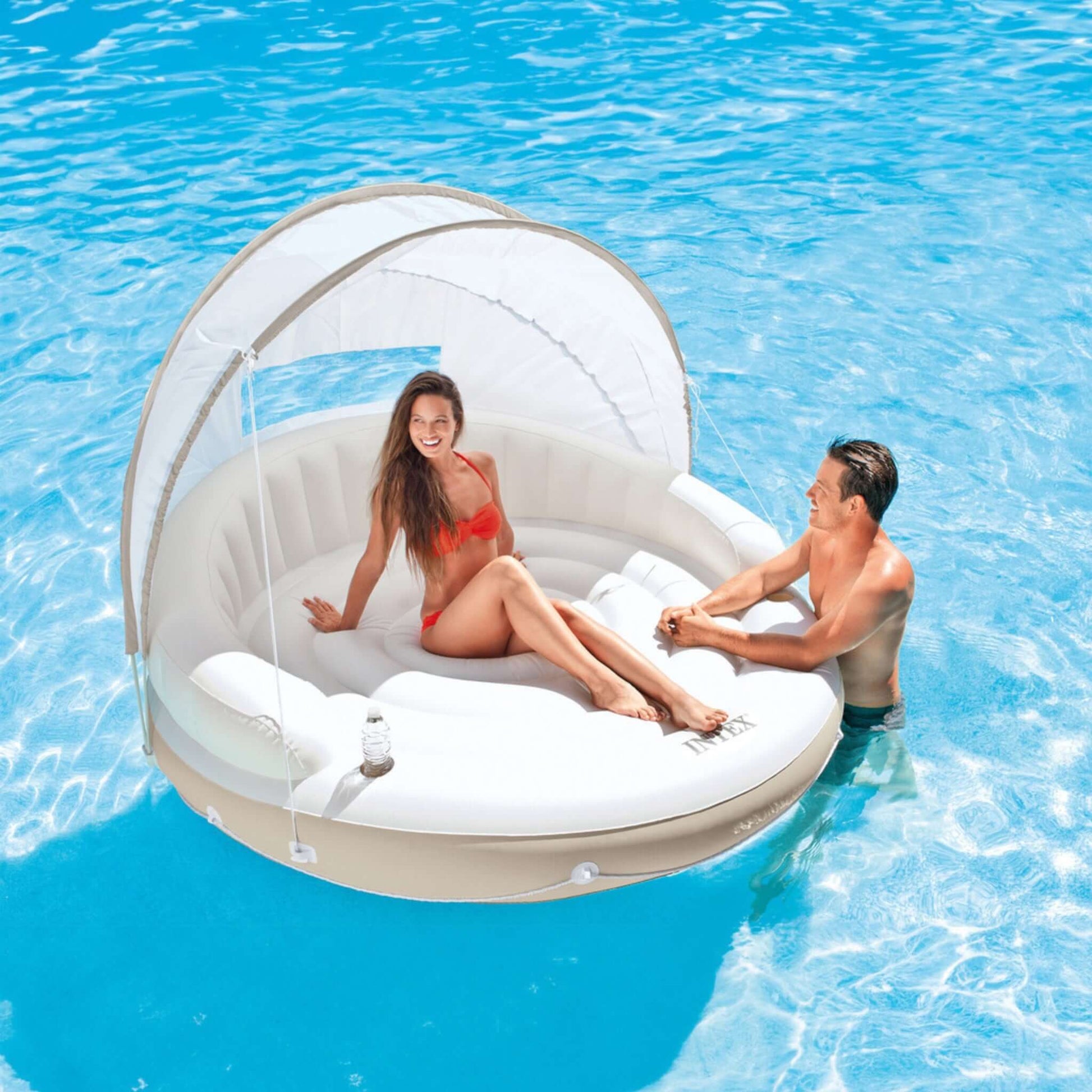 INTEX Canopy Island Inflatable Pool Float featuring sunshade and cup holders, perfect for relaxation at Discount Pool Mart DPM, SKU 58292EP.