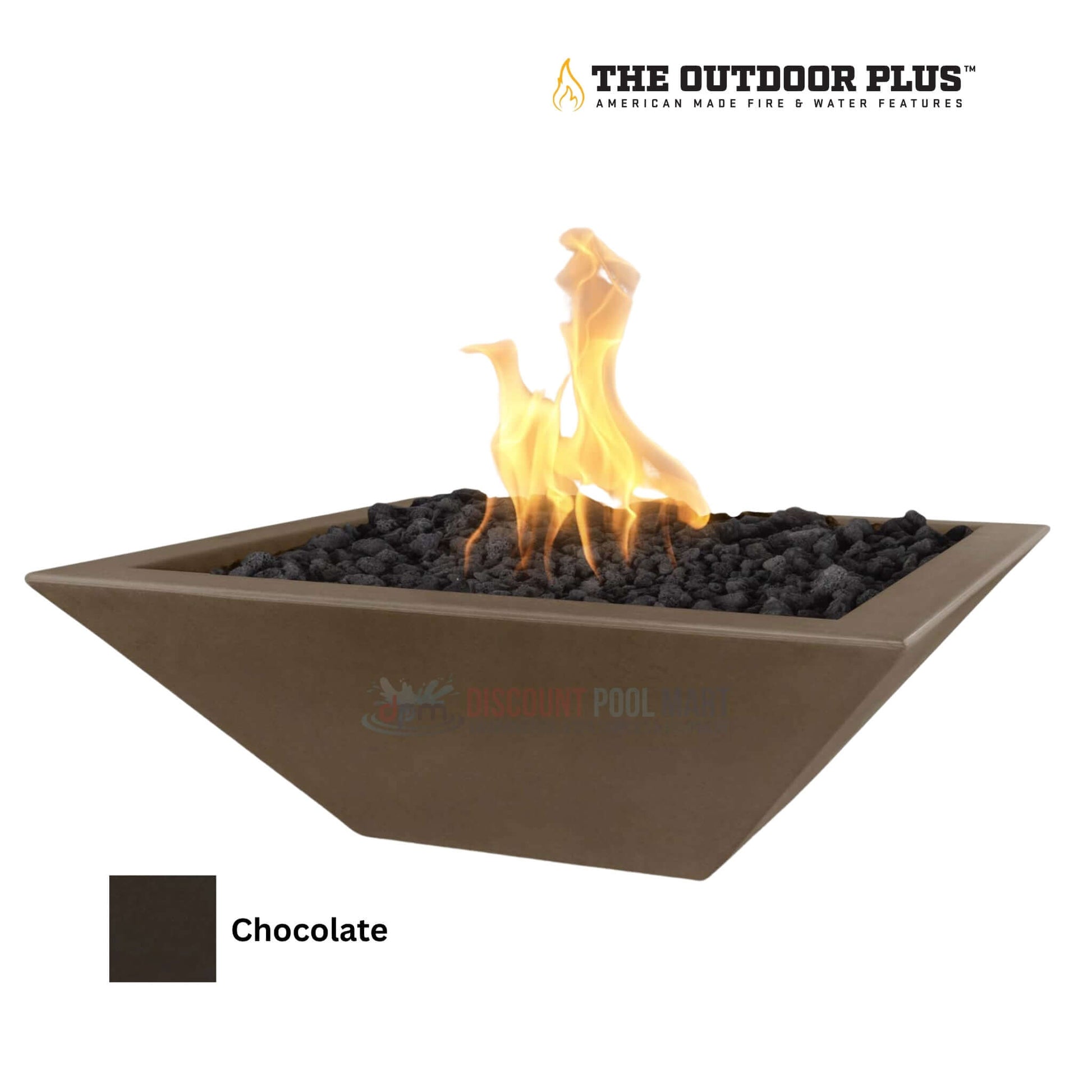 The Outdoor Plus Maya Fire Bowl in Chocolate by Discount Pool Mart DPM. GFRC concrete, modern outdoor fire feature.