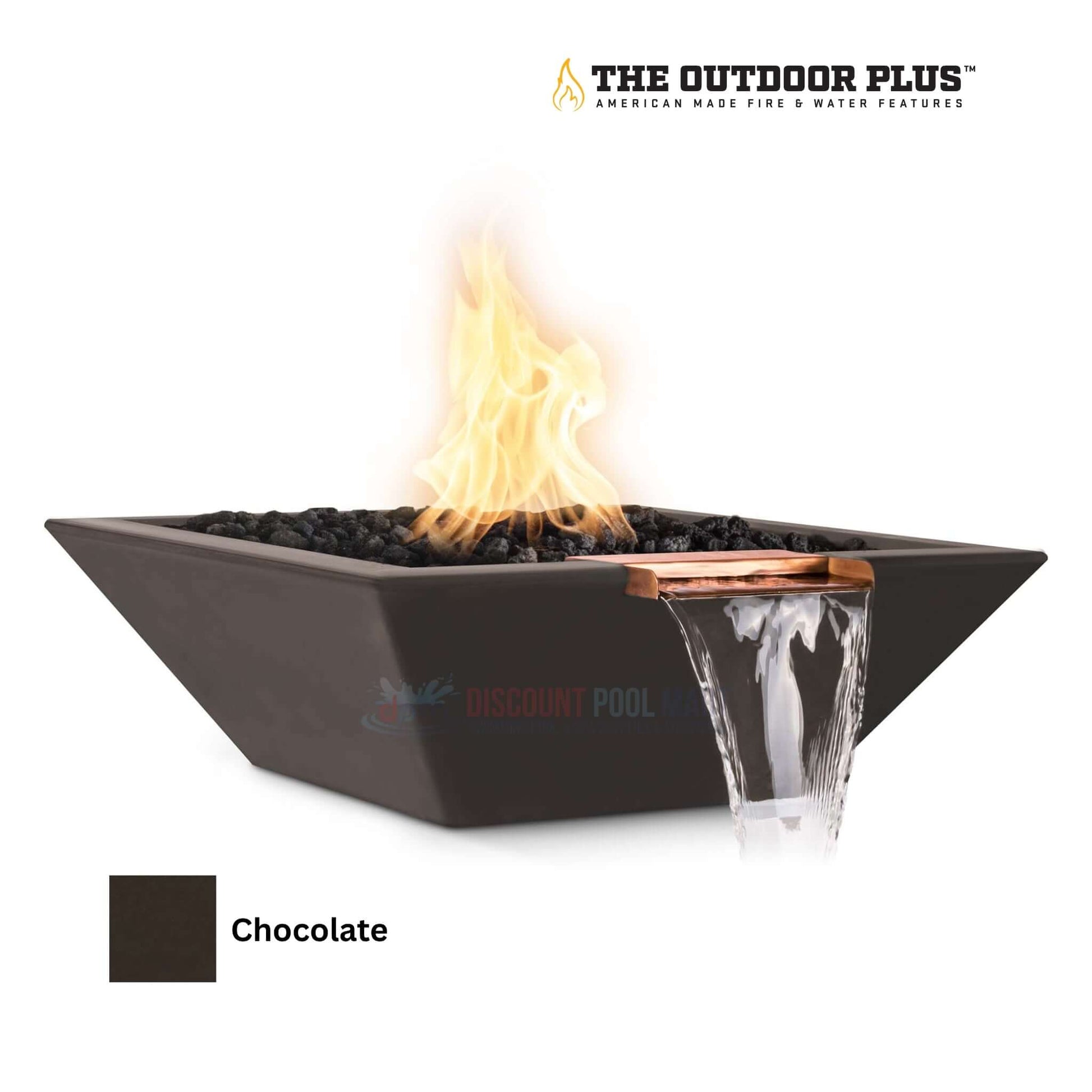 The Outdoor Plus Maya Fire & Water Bowl in chocolate, GFRC concrete, by Discount Pool Mart DPM. SKU: Maya-01.