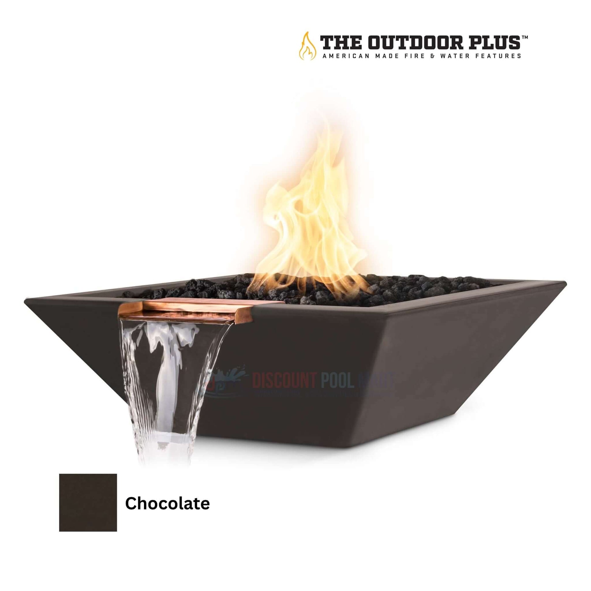 The Outdoor Plus Maya Fire & Water Bowl in Chocolate. GFRC Concrete, SKU: DPM. Shop Discount Pool Mart for premium outdoor features.