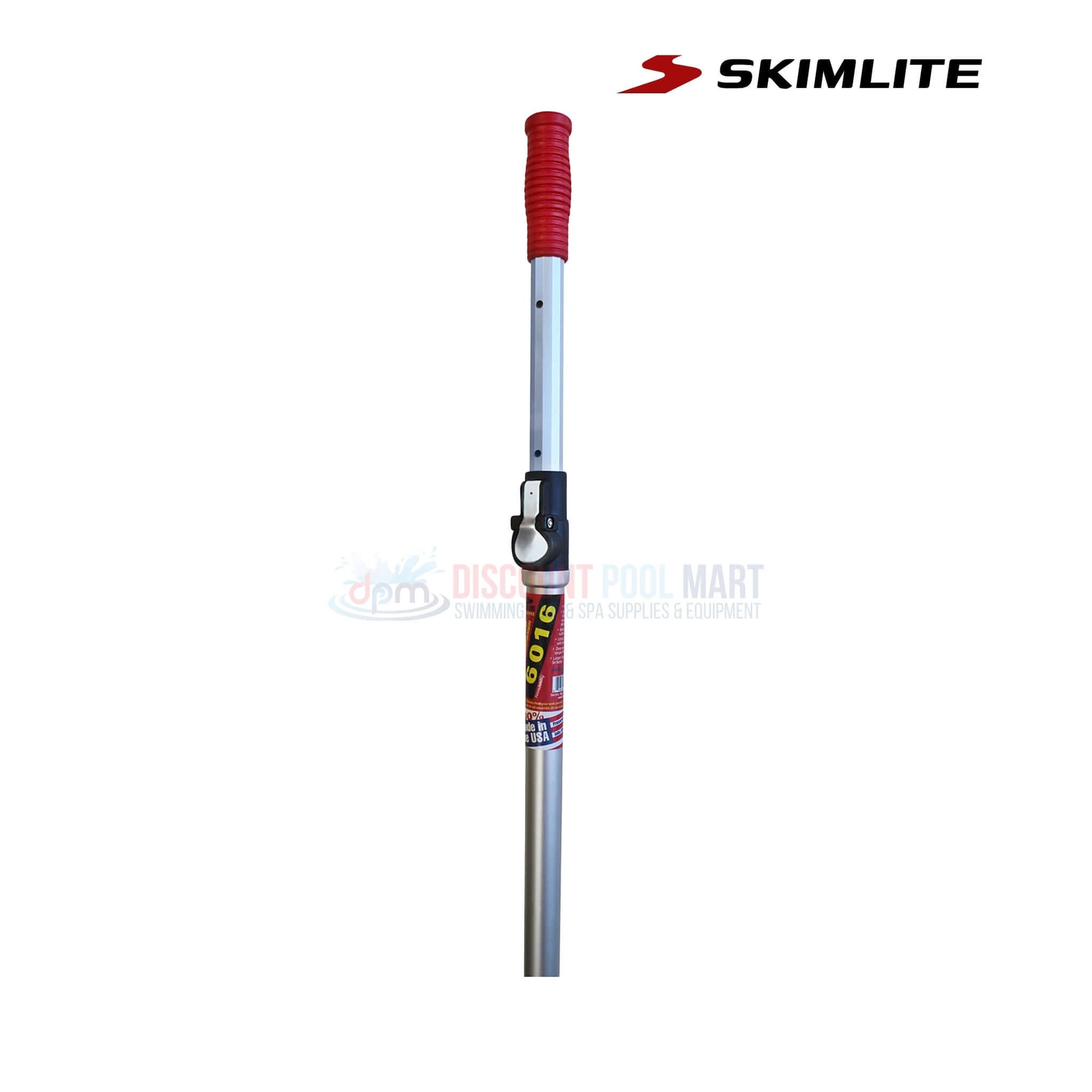 6016 | Skimlite Telescopic Pool Pole With Button Lock | 8'-16' shown in silver and red, ideal for pool maintenance from Discount Pool Mart.