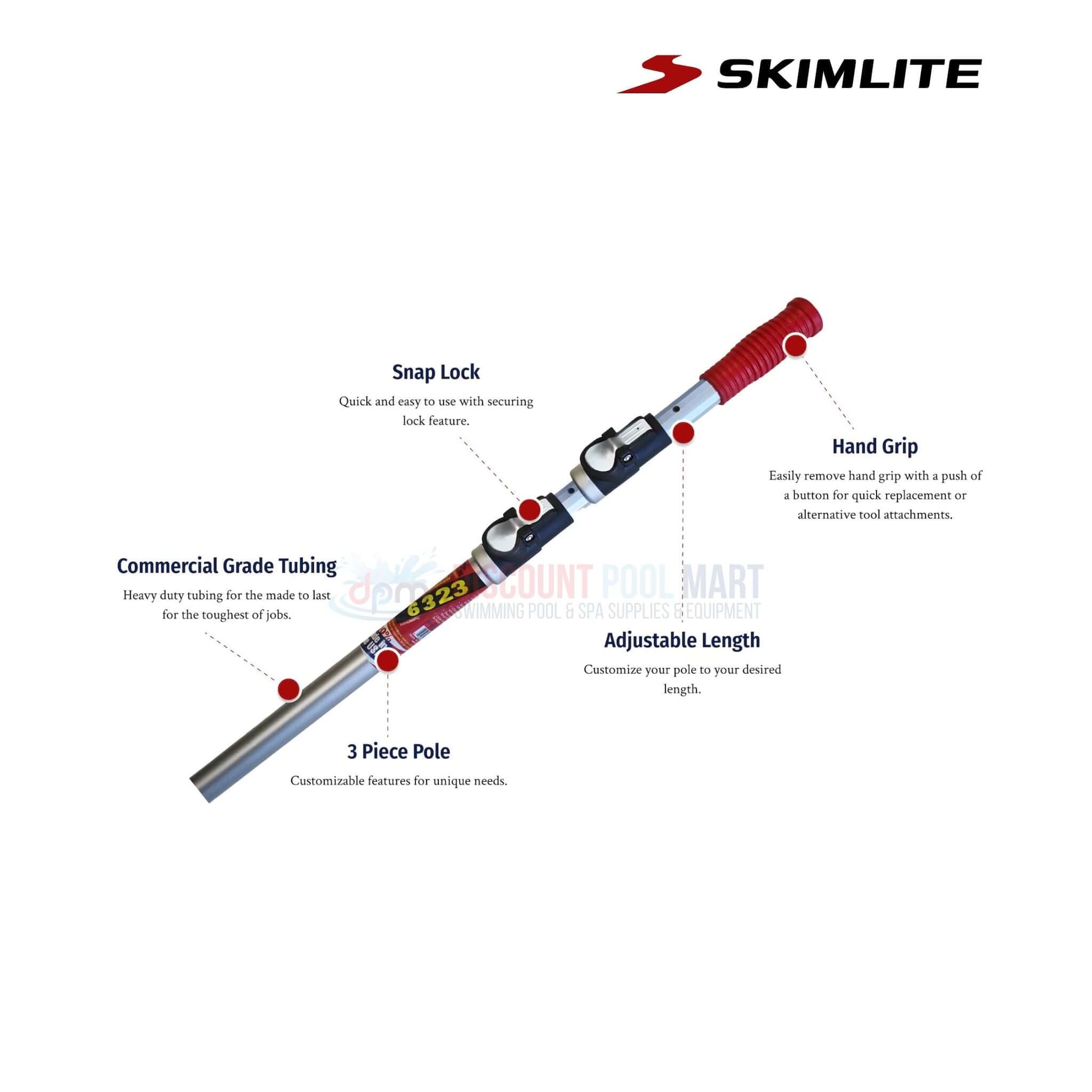 6016 | Skimlite Telescopic Pool Pole With Button Lock | 8'-16', features snap lock, hand grip, adjustable length, from Discount Pool Mart.