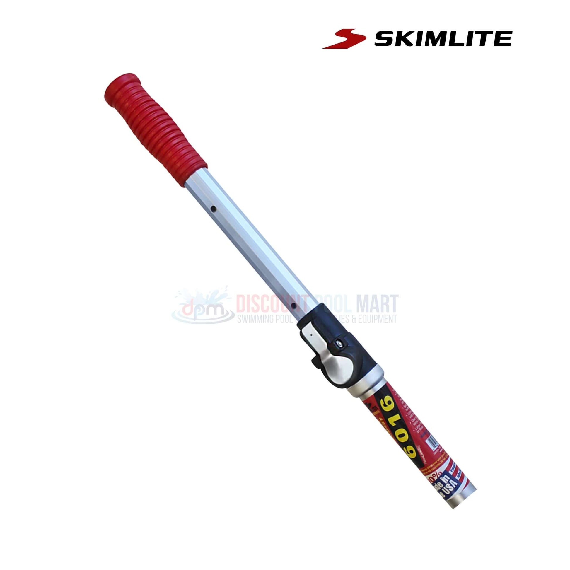 6016 | Skimlite Telescopic Pool Pole With Button Lock | 8'-16' showing durable aluminum with red grip, perfect for pool maintenance at Discount Pool Mart.