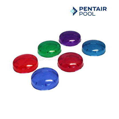 650019 | Pentair Color Lens Cover Kit 6-Pack for SpaBrite, featuring red, blue, green, teal, magenta, and purple lenses. Discount Pool Mart pool supplies.