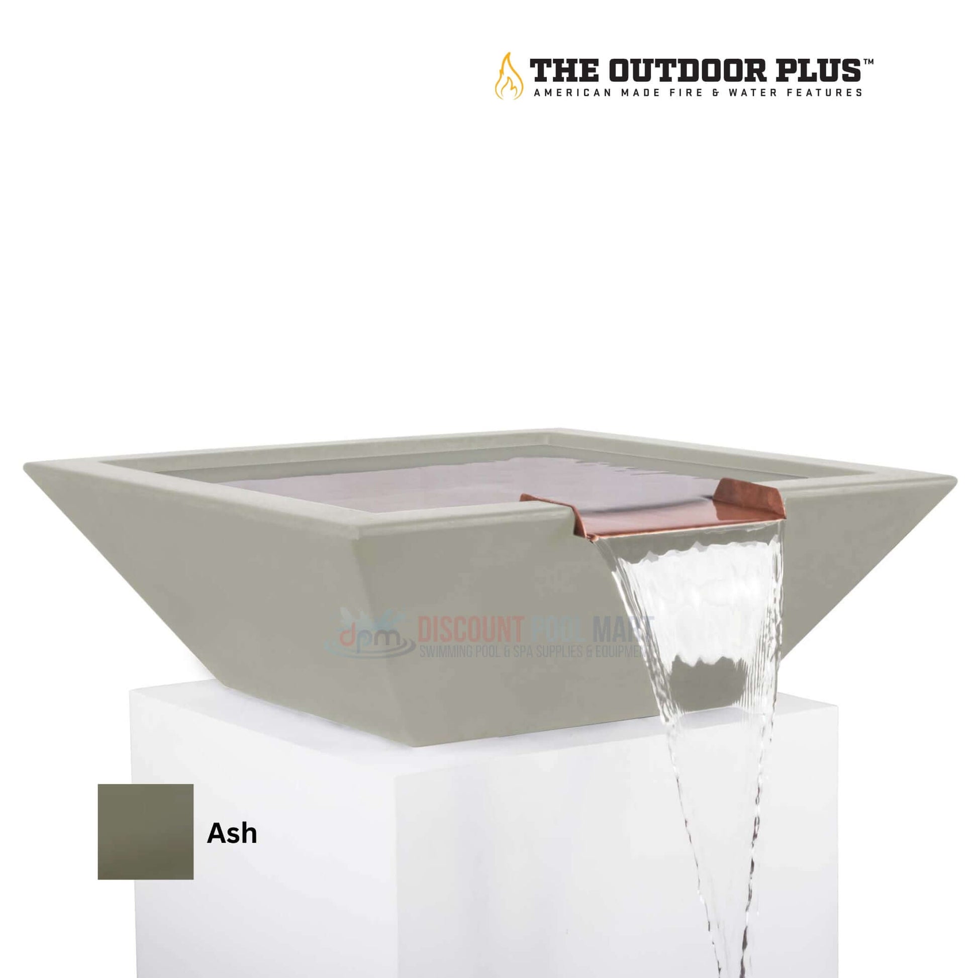 The Outdoor Plus Maya Water Bowl in Ash color, GFRC concrete, lightweight, durable; available at Discount Pool Mart DPM.
