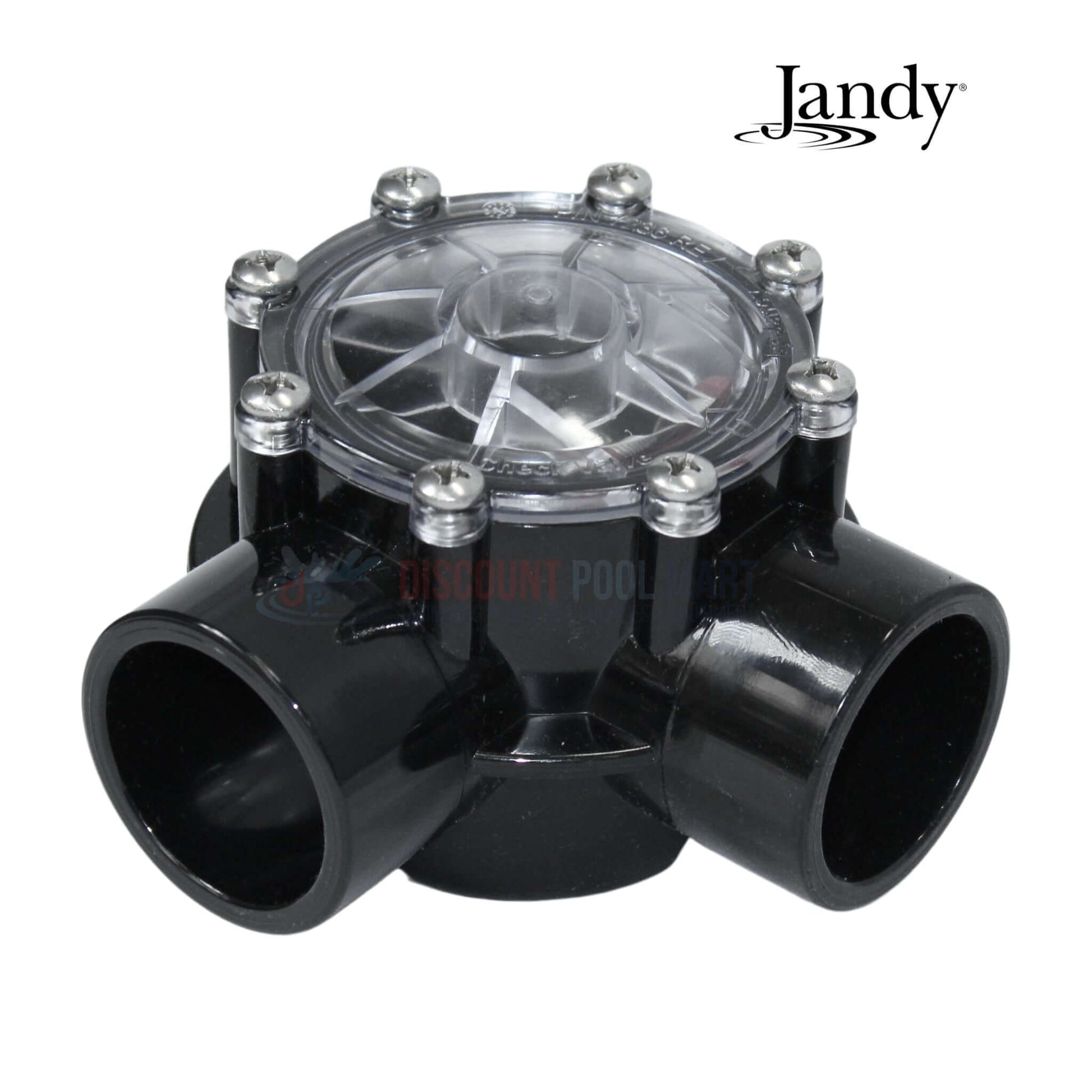 Jandy 90-Degree Check Valve 7512 in black CPVC with clear lid, designed for pool systems; great from Discount Pool Mart.