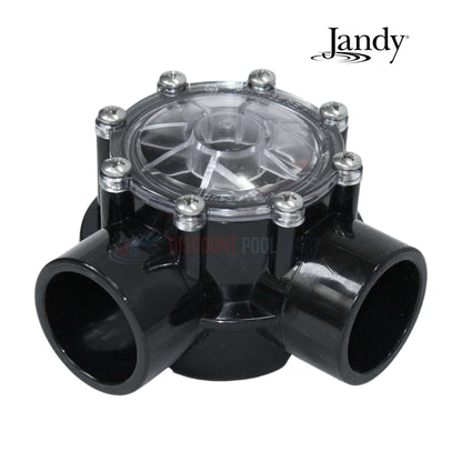 Jandy 90-Degree Check Valve 7512 in black CPVC with clear lid, designed for pool systems; great from Discount Pool Mart.