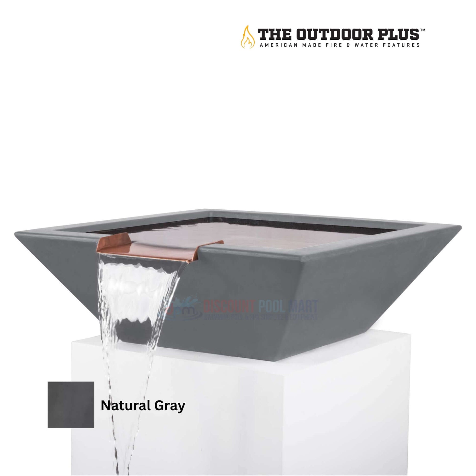 The Outdoor Plus Maya Water Bowl GFRC Concrete in Natural Gray by Discount Pool Mart DPM, modern outdoor water feature.