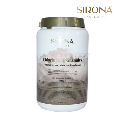 82132 | Sirona Spa Chlorinating Granules 4lb container with green lid, featuring front label and Discount Pool Mart branding.