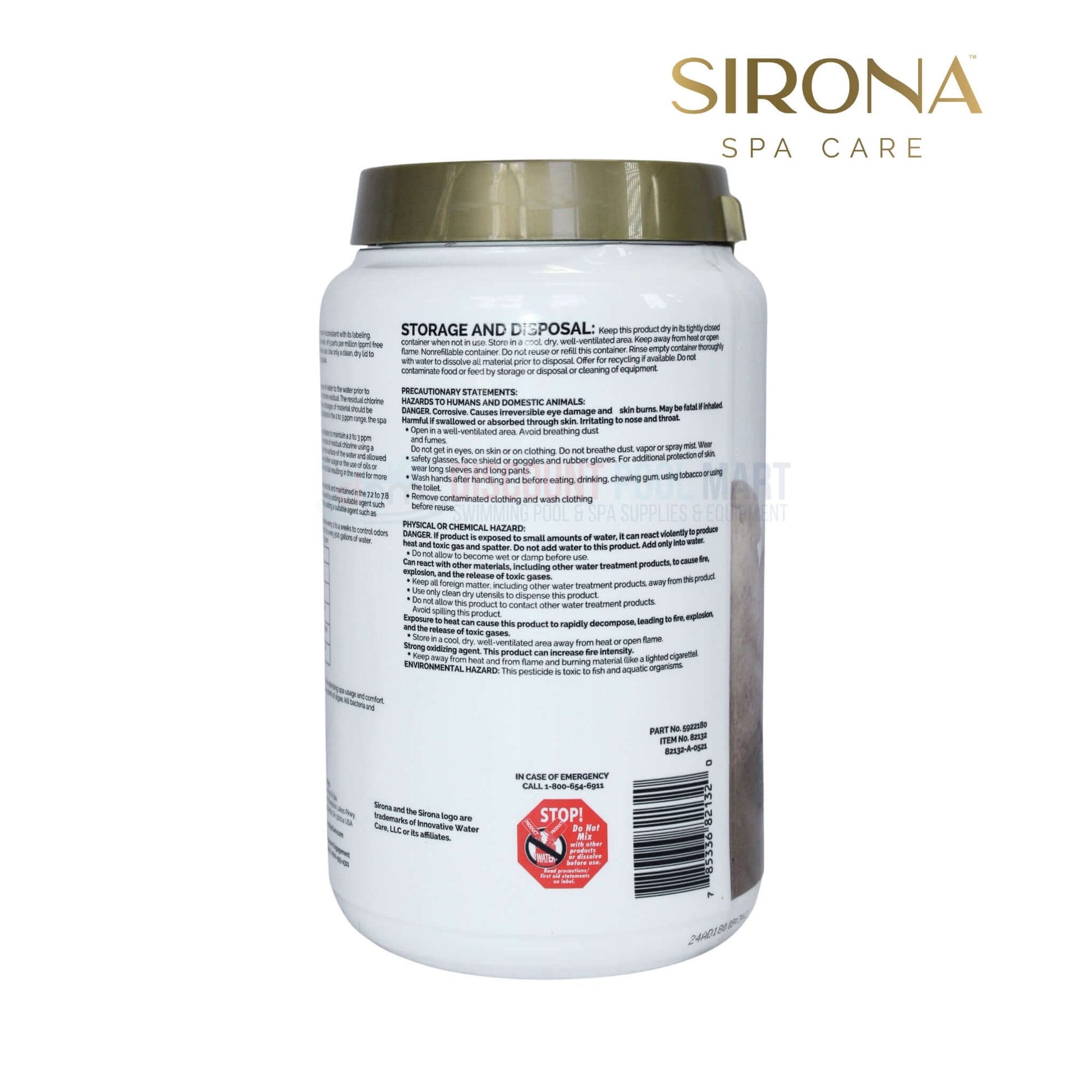 82132 | Sirona Spa Chlorinating Granules 4lb container with clear label details, ideal for hot tubs from Discount Pool Mart.