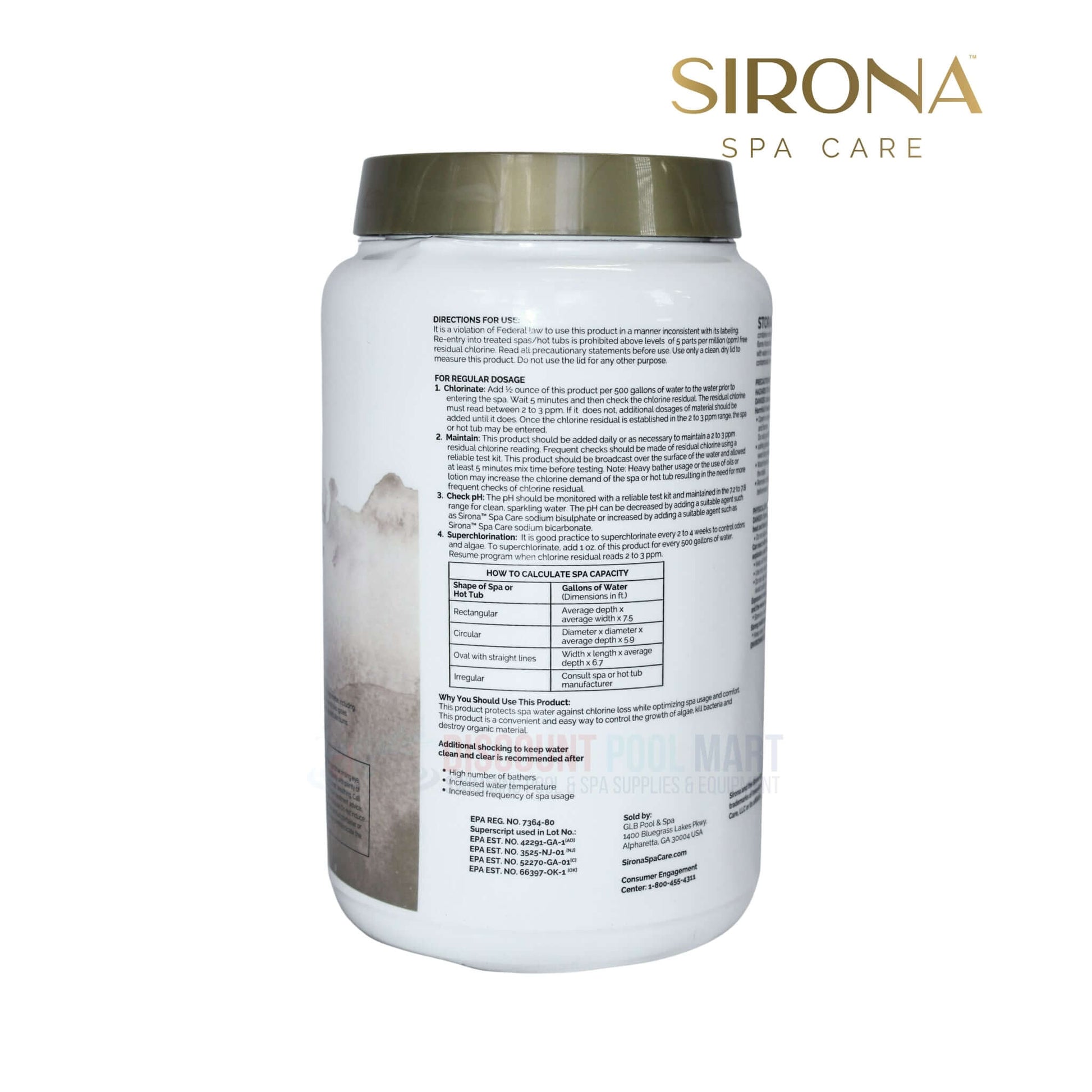 82132 | Sirona Spa Chlorinating Granules 4lb container showing instructions, ideal for spas; available at Discount Pool Mart.
