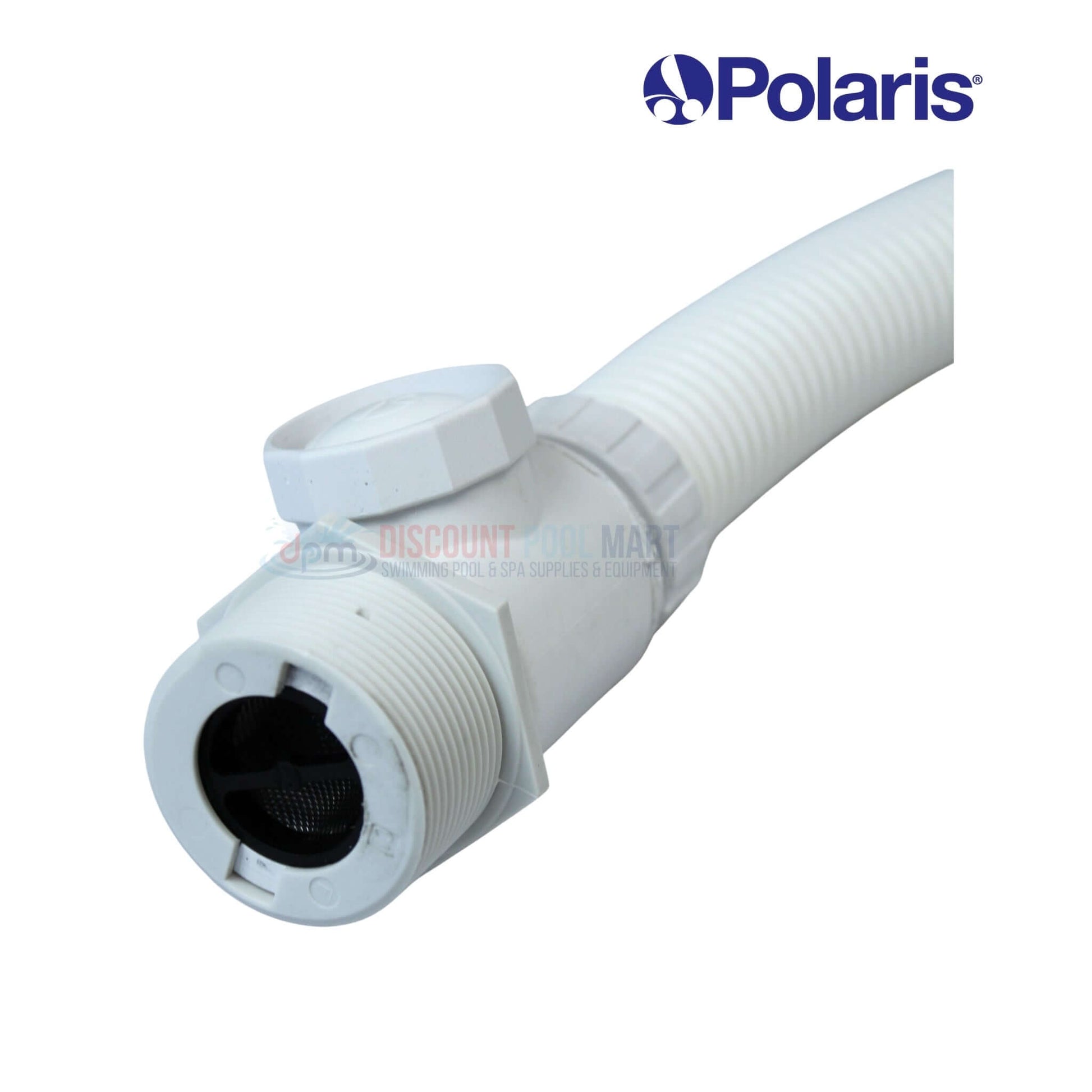 9-100-3100 | Polaris 360 Cleaner Feed Hose showing white corrugated design and Universal Wall Fitting, pool supplies from Discount Pool Mart.