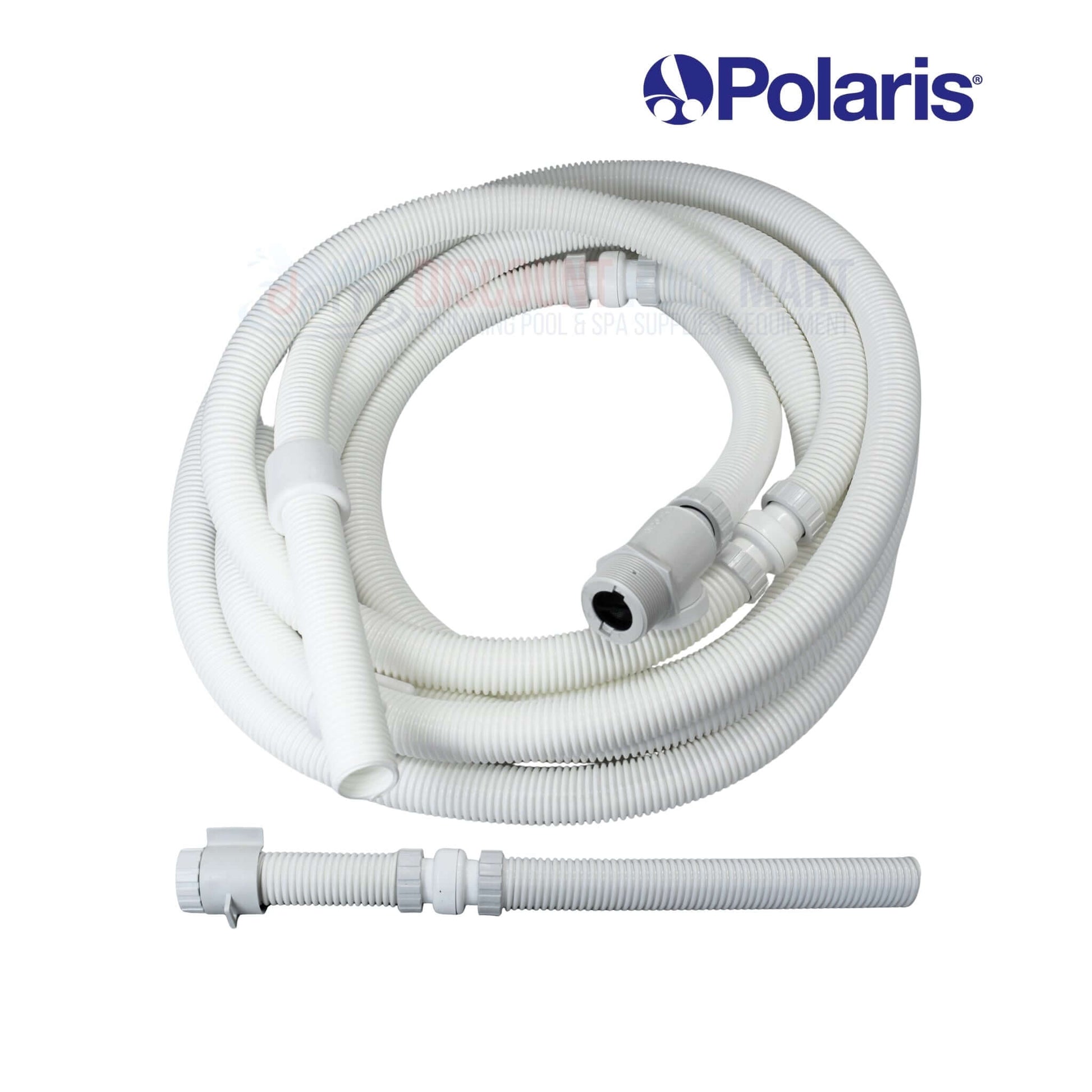 9-100-3100 | Polaris 360 Cleaner Feed Hose in white, shown with corrugated sections and Universal Wall Fitting, available at Discount Pool Mart.