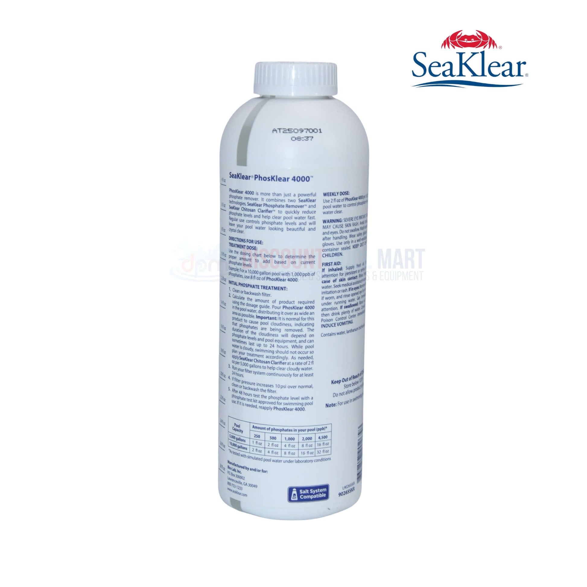 90265SKR | SeaKlear PhosKlear 4000 Phosphate Remover 32oz bottle back view, effective pool supplies from Discount Pool Mart.