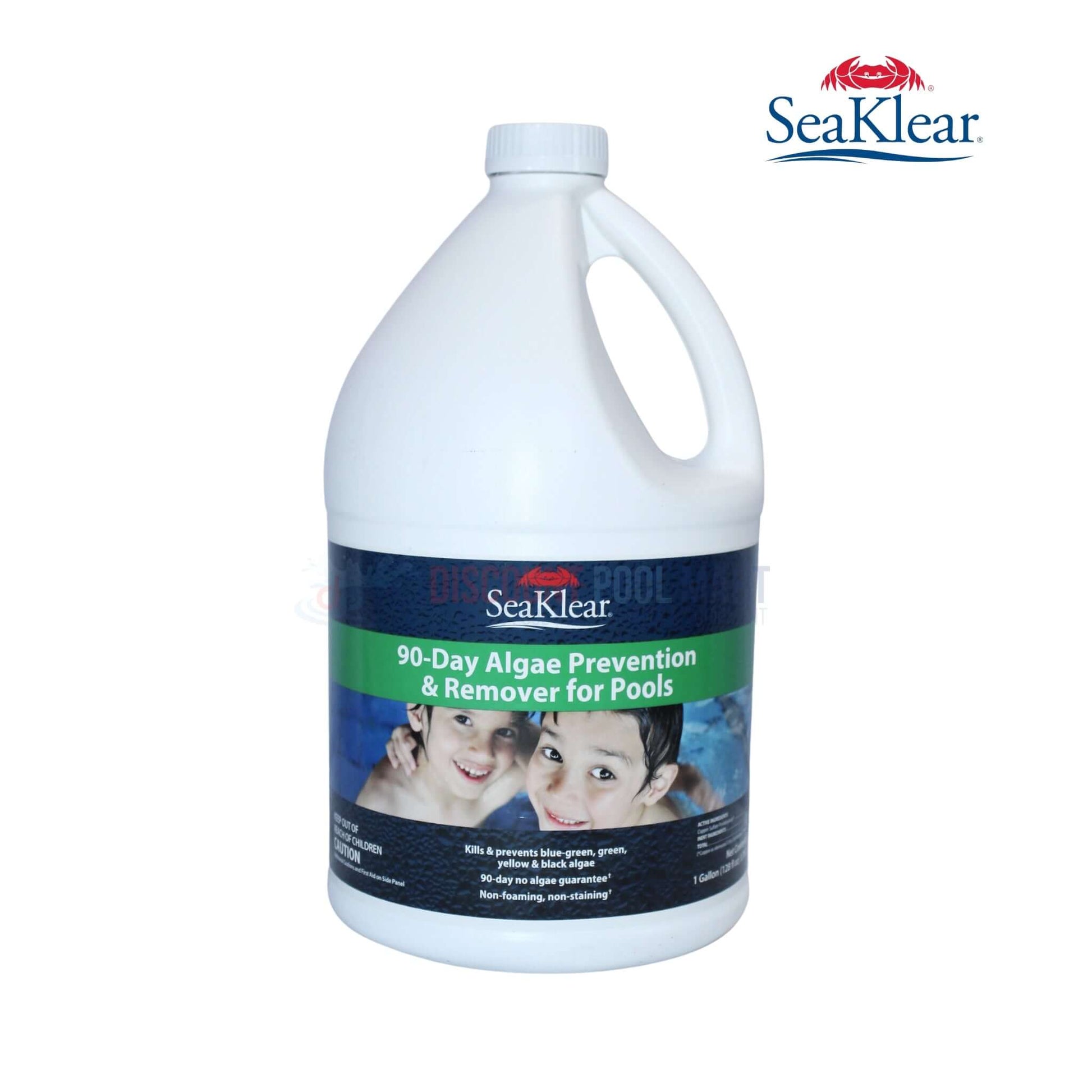 90311SKR | SeaKlear 90 Day Algaecide Algae Prevention & Remover 1 Gallon bottle, shown against white background, kids swimming. Discount Pool Mart.