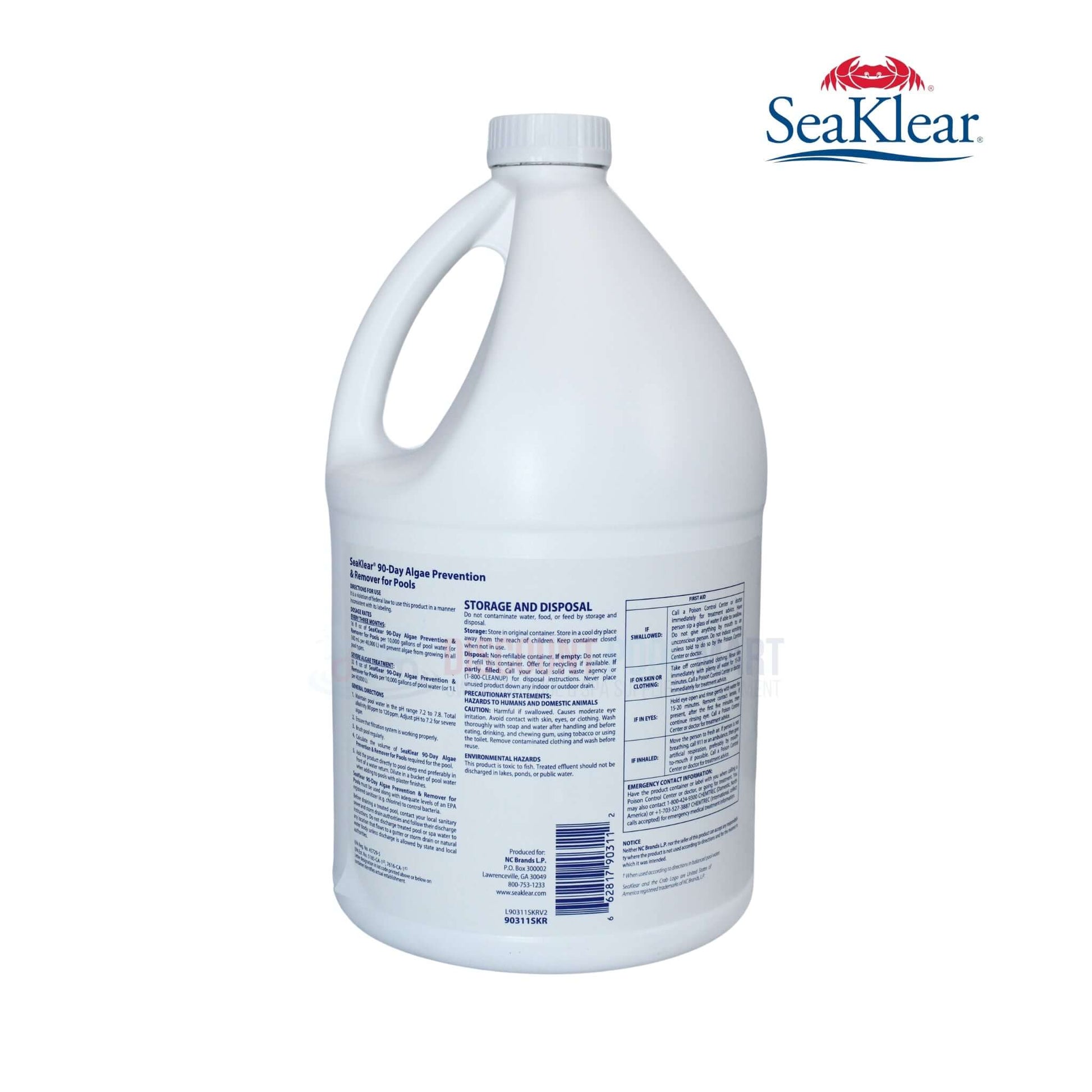 90311SKR | SeaKlear 90 Day Algaecide Algae Prevention & Remover 1 Gallon bottle from Discount Pool Mart, DPM, showing side view.