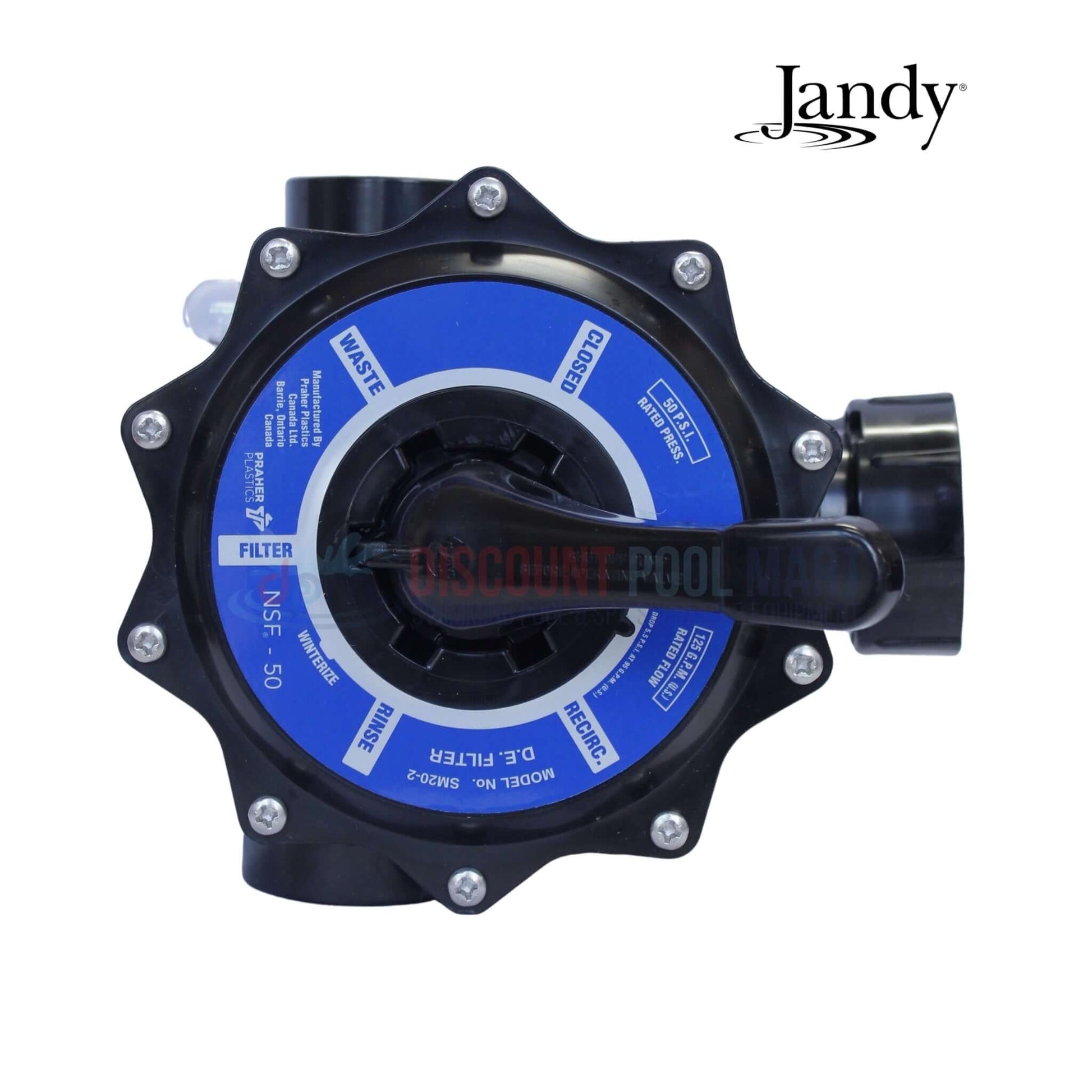 A0553645 | Jandy DEL48/60 2" Side Mount Multiport Valve showing a blue and black design, lever handle, and position indicators for pool use.